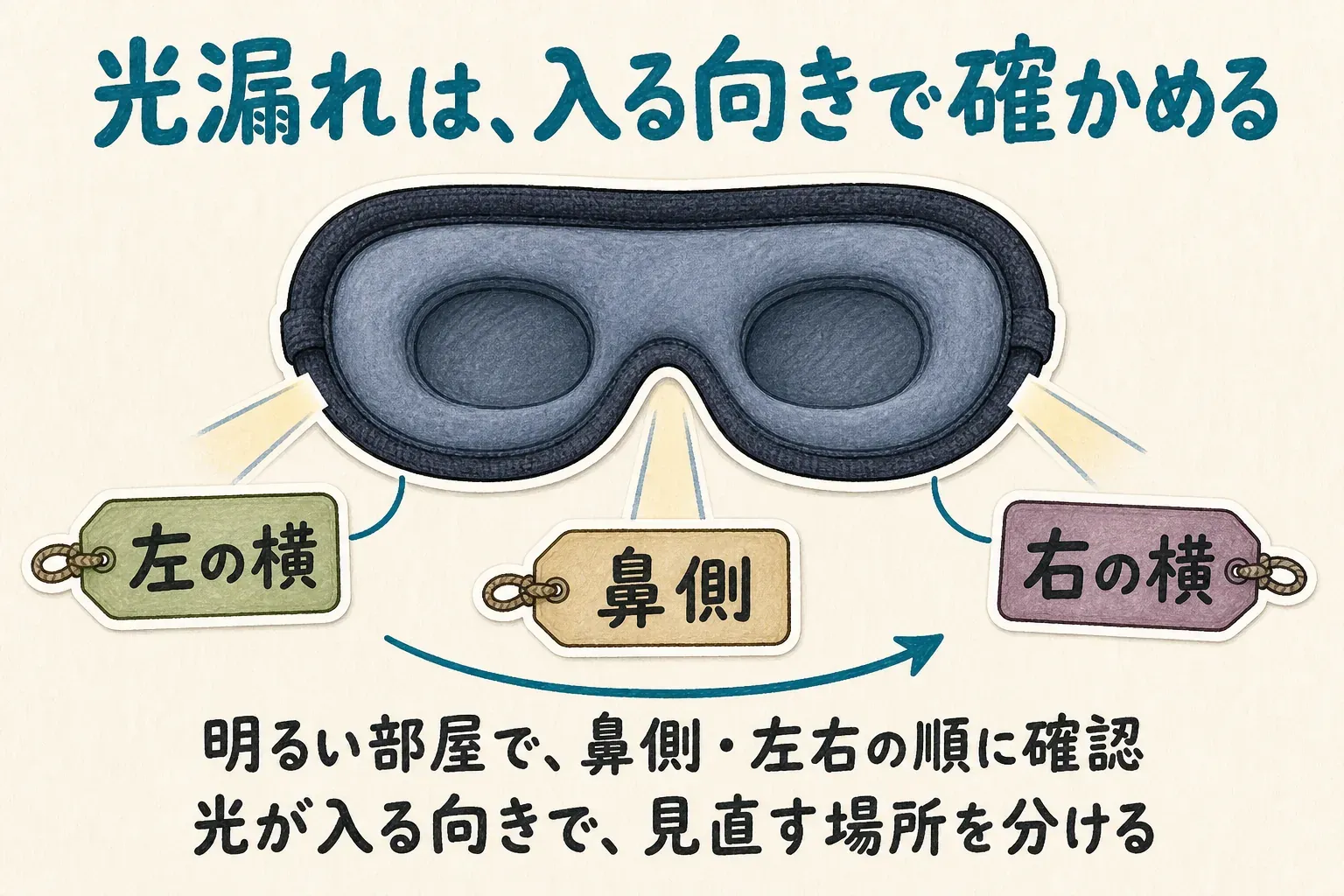 立体アイマスクの正面図に、光が入りうる左の横・鼻側・右の横を矢印で示す図。明るい部屋で鼻側、左右の順に確認し、光が入る向きで見直す場所を分けることを説明している。