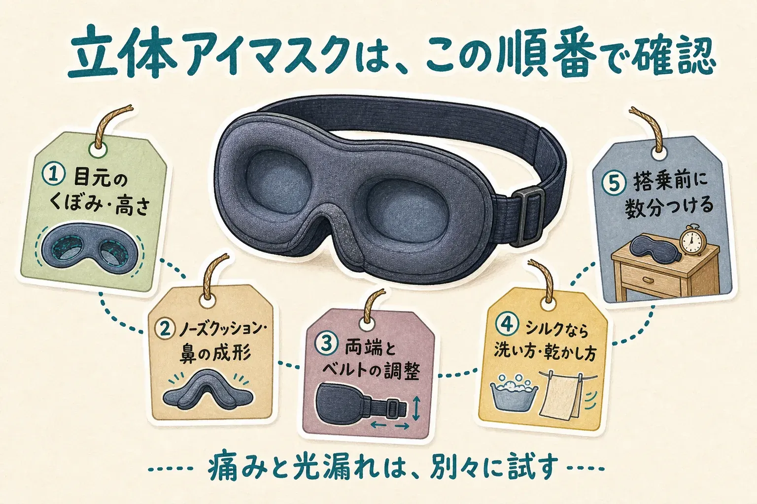 立体アイマスクを中央に描き、確認順として「1 目元のくぼみ・高さ」「2 ノーズクッション・鼻の成形」「3 両端とベルトの調整」「4 シルクなら洗い方・乾かし方」「5 搭乗前に数分つける」を並べた図。痛みと光漏れは別々に試すと示している。