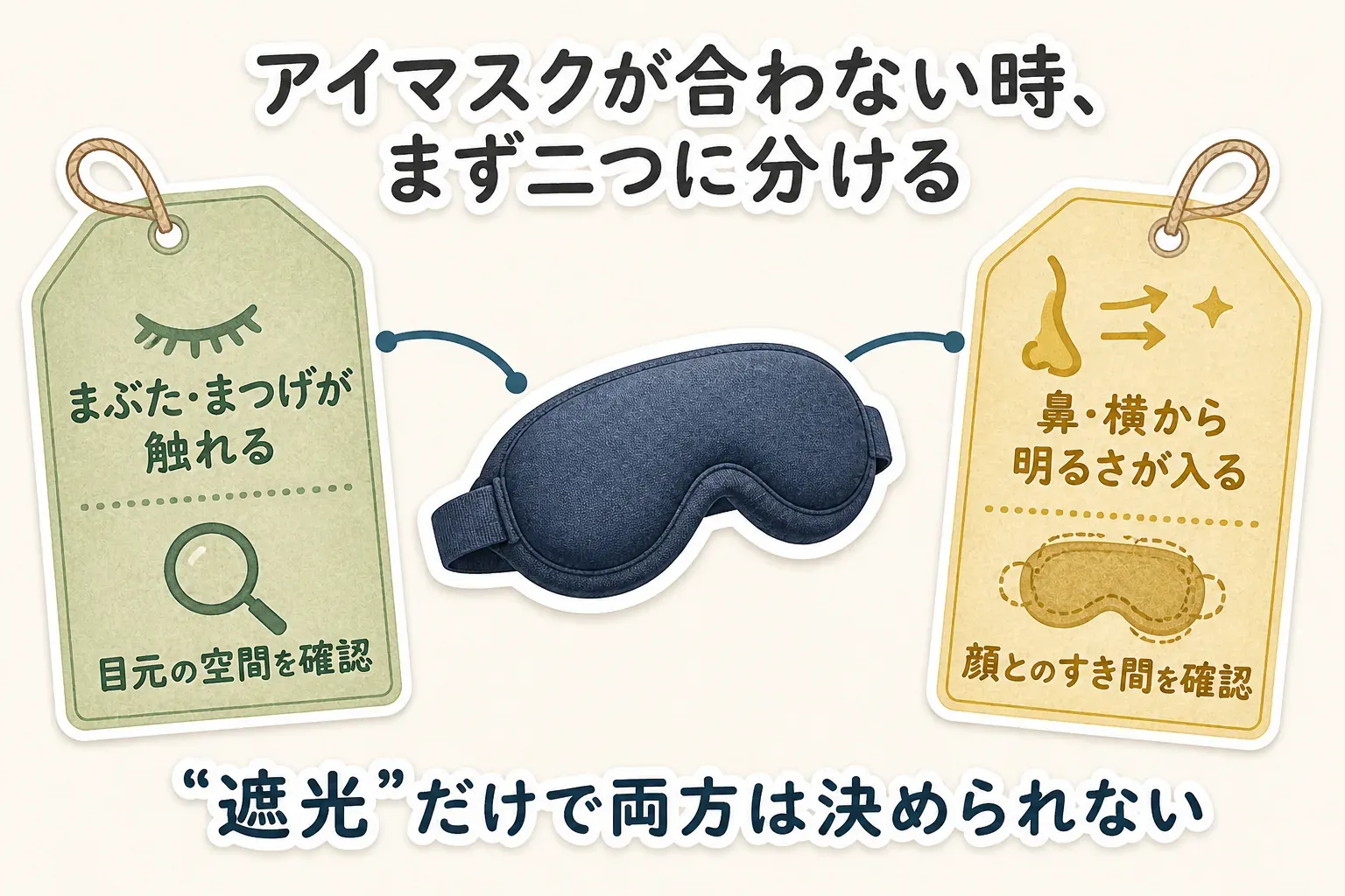 3Dアイマスクが合わない症状を、まぶたやまつげに触れる「圧迫感」と、鼻側・こめかみ側から明るさが入る「光漏れ」に分け、それぞれで確認する場所を示す図。