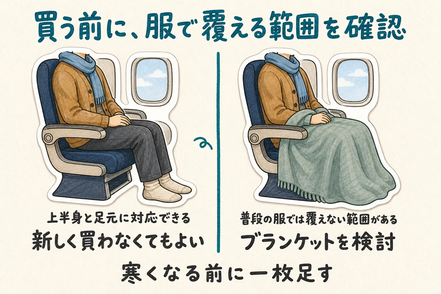 持ち込み用ブランケットを買うか判断する図。上半身と足元を手持ちの服で覆えるなら新しく買わず、普段の服では覆えない範囲があるならブランケットを検討し、寒くなる前に一枚足す