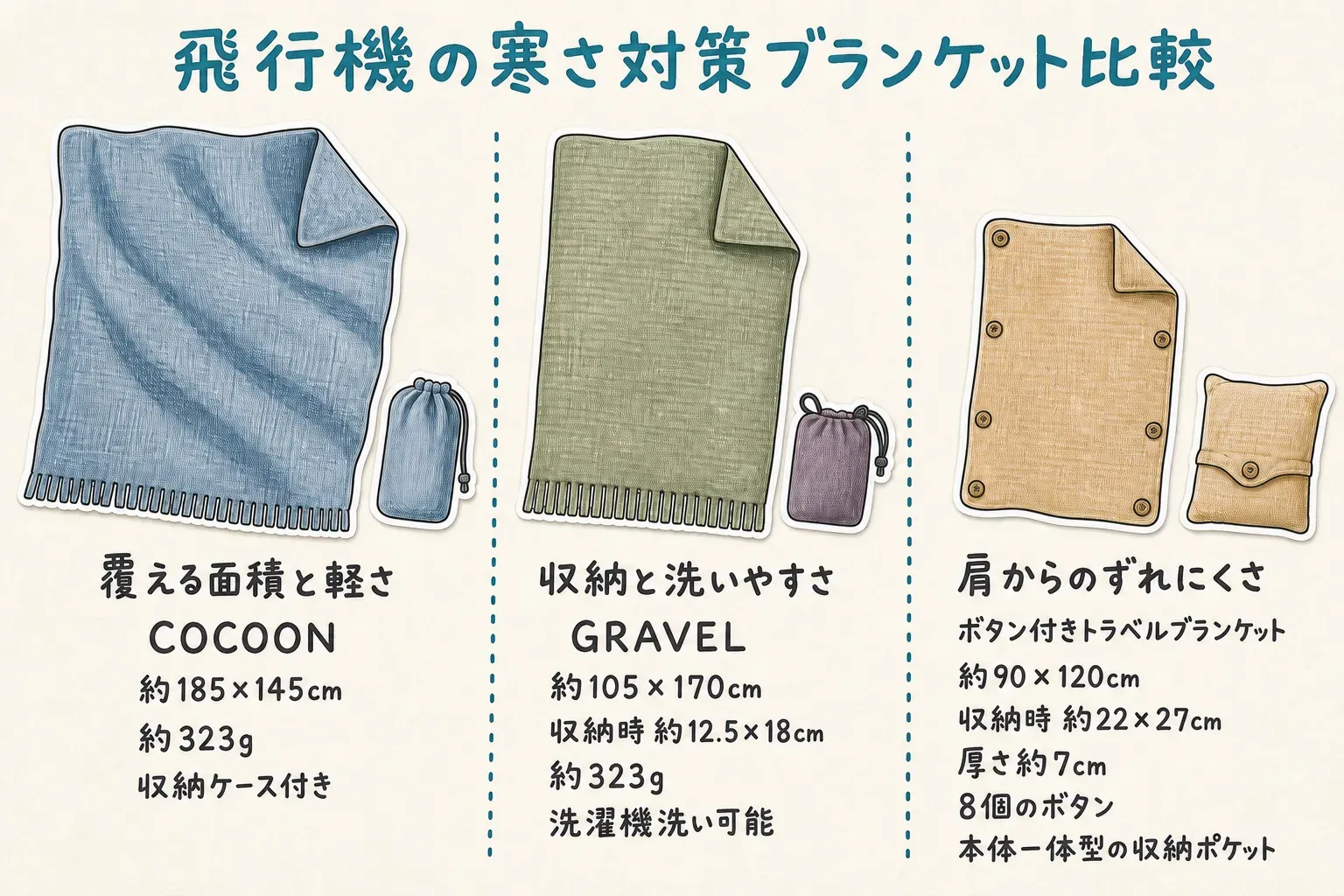 飛行機の寒さ対策用ブランケット3商品の比較。COCOONは約185×145cm・約323gで収納ケース付き、GRAVELは約105×170cm・収納時約12.5×18cm・約323gで洗濯機洗い可能、ボタン付きトラベルブランケットは約90×120cm・収納時約22×27cm・厚さ約7cmで8個のボタンと本体一体型収納ポケット付き