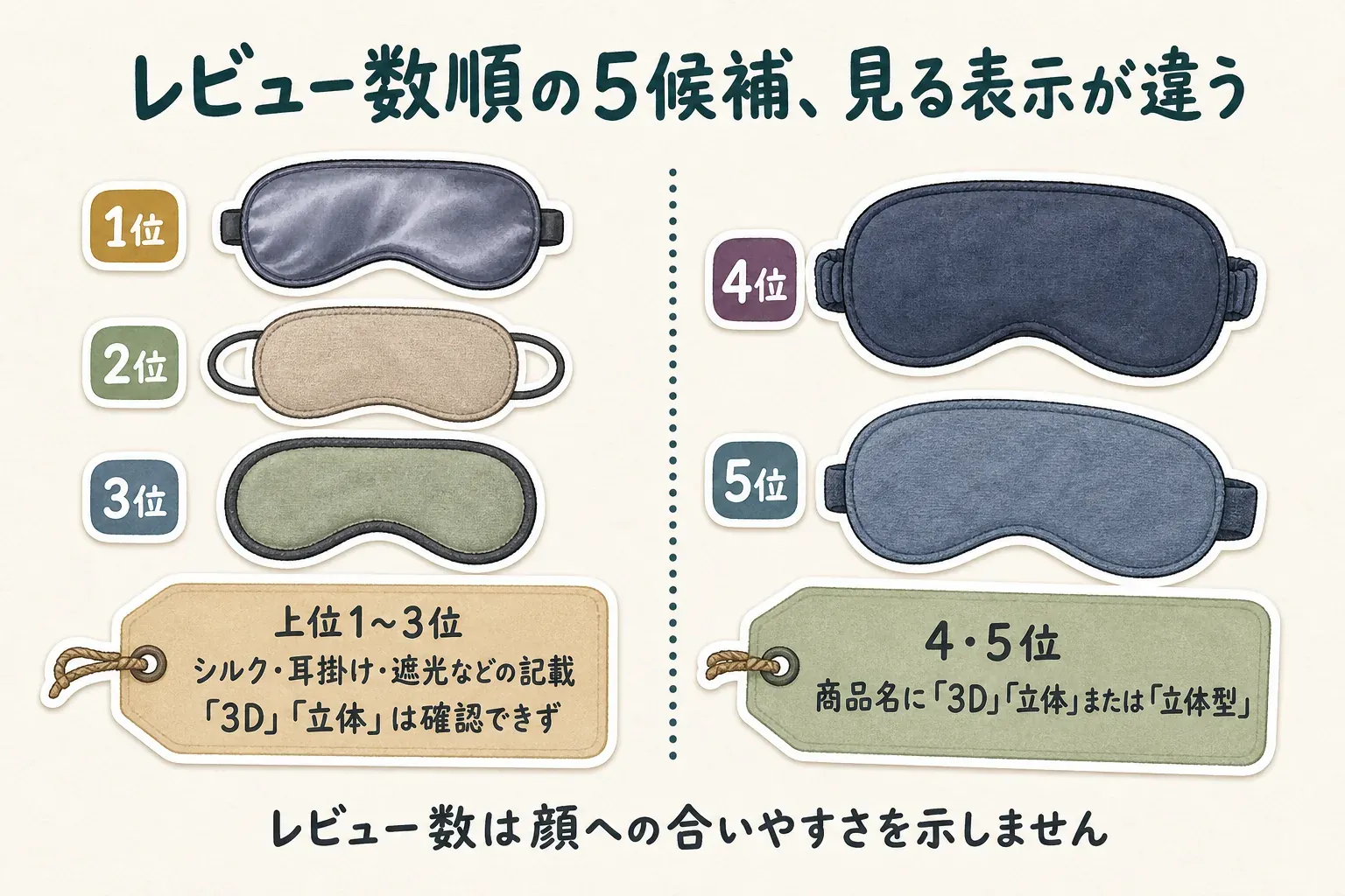 レビュー数順の機内用アイマスク5候補を1位から5位まで並べ、上位1〜3位はシルク・耳掛け・遮光などの記載が中心で「3D」「立体」は確認できず、4・5位は商品名に「3D」「立体」または「立体型」の記載があること、レビュー数は顔への合いやすさを示さないことを示す図。出典：楽天の商品データ