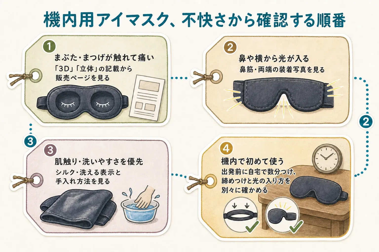 機内用アイマスクを不快さから確認する順番を4段階で示す図。まぶた・まつげが触れて痛いときは「3D」「立体」の記載から販売ページを見、鼻や横から光が入るときは鼻筋・両端の装着写真を見、肌触り・洗いやすさを優先するときはシルク・洗える表示と手入れ方法を見、機内で初めて使うときは出発前に自宅で締めつけと光の入り方を別々に確かめる。