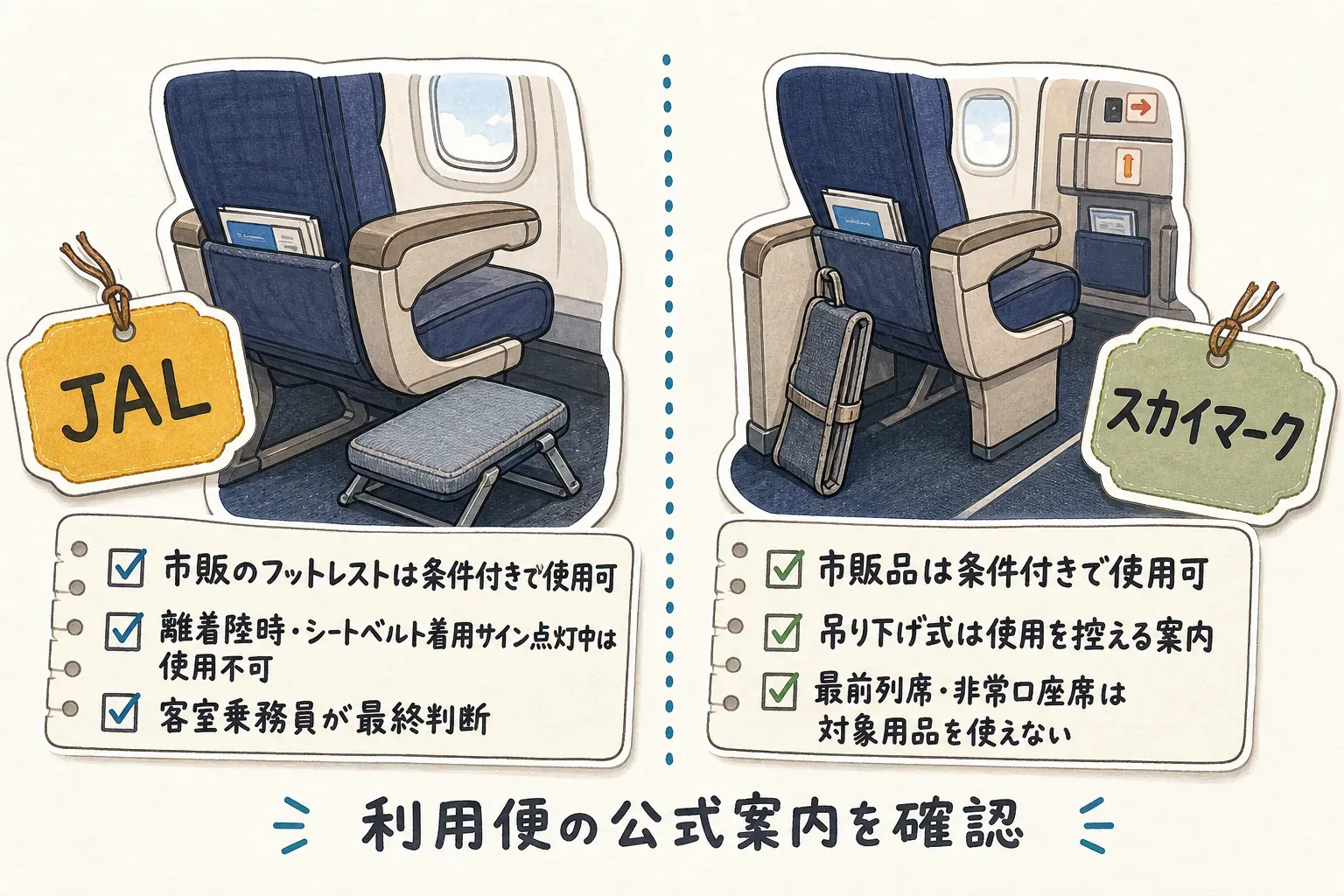 JALとスカイマークの機内フットレスト使用条件を比較した図。どちらも市販品は条件付きで使用できますが、離着陸時やシートベルト着用サイン点灯中は使用できず、スカイマークでは吊り下げ式の使用を控えるよう案内され、最前列席と非常口座席では対象用品を使えません。最終判断は客室乗務員が行います。