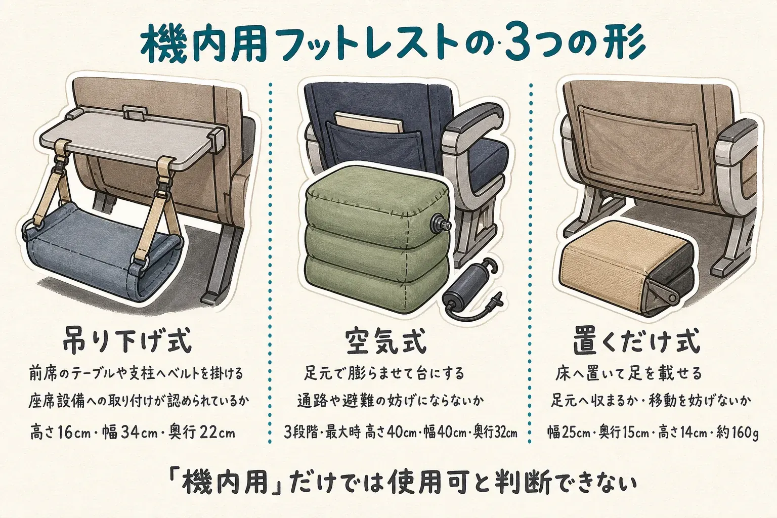 機内用フットレストの3つの形を比較した図。吊り下げ式は前席のテーブルや支柱へベルトを掛け、空気式は足元で膨らませ、置くだけ式は床へ置いて使います。各タイプの使用時の大きさと、座席設備・通路・移動への影響を示しています。