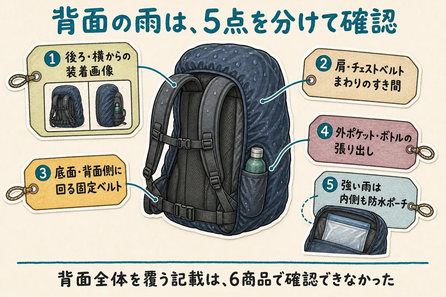 リュック用レインカバーの背面側を確認する5項目を示す図。後ろ・横からの装着画像、肩・チェストベルトまわりのすき間、底面・背面側に回る固定ベルト、外ポケット・ボトルの張り出し、強い雨での内側の防水ポーチを確認する。今回の6商品では背面全体を覆う記載は確認できなかった