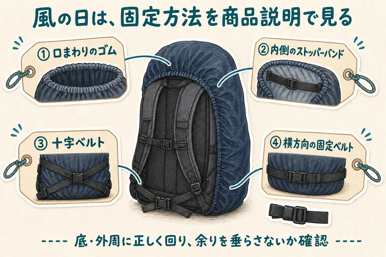 風の日のリュック用レインカバーの固定方法として、口まわりのゴム、内側のストッパーバンド、十字ベルト、横方向の固定ベルトを示す図。ベルトは底・外周に正しく回し、余りを垂らさないことを確認する