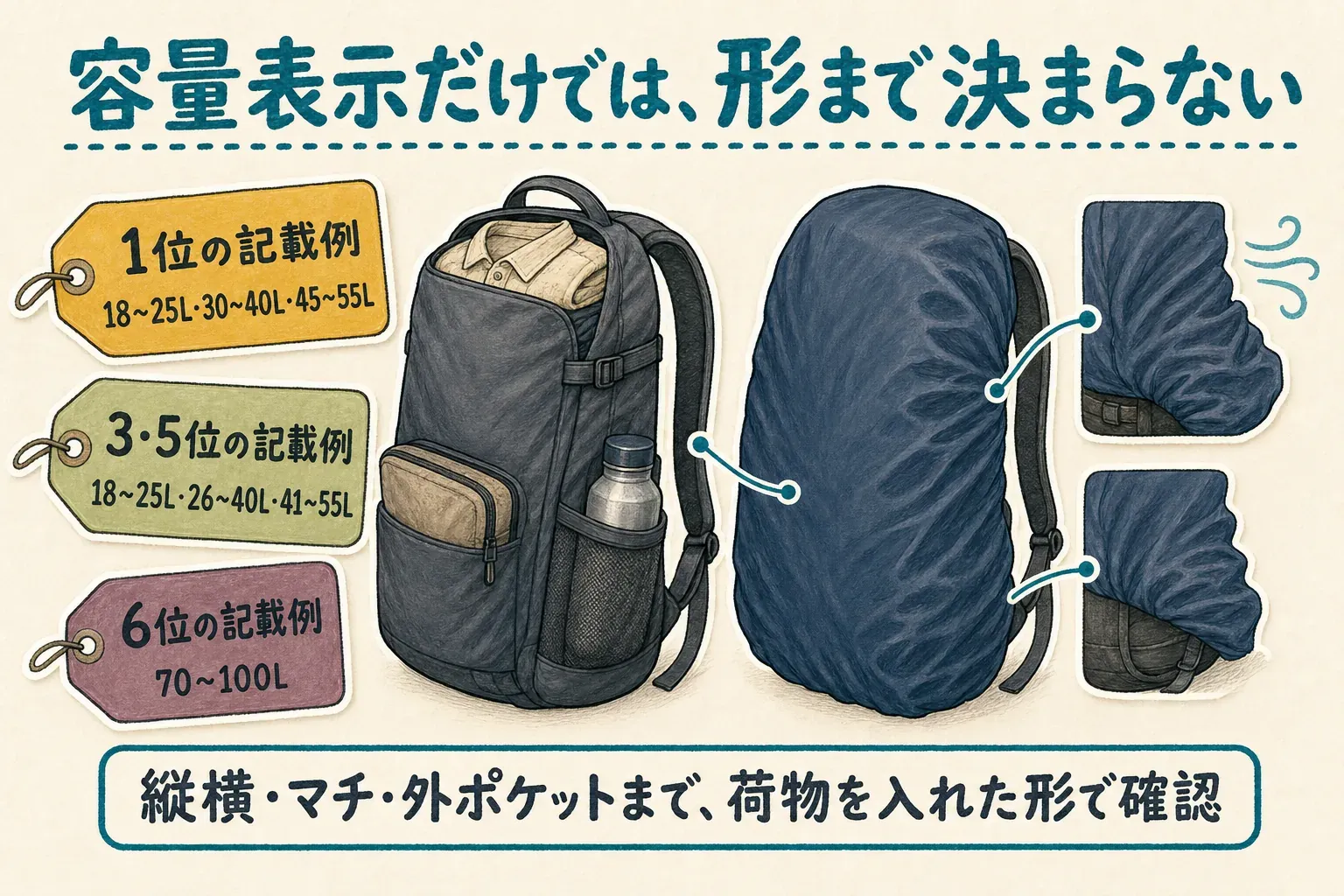 リュック用レインカバーは容量表示だけで決めず、縦・横・マチや外ポケットの張り出しを含め、荷物を入れた状態の形で確認することを示す図。1位は18〜25L・30〜40L・45〜55L、3位・5位は18〜25L・26〜40L・41〜55L、6位は70〜100Lの対応容量の記載例を掲載