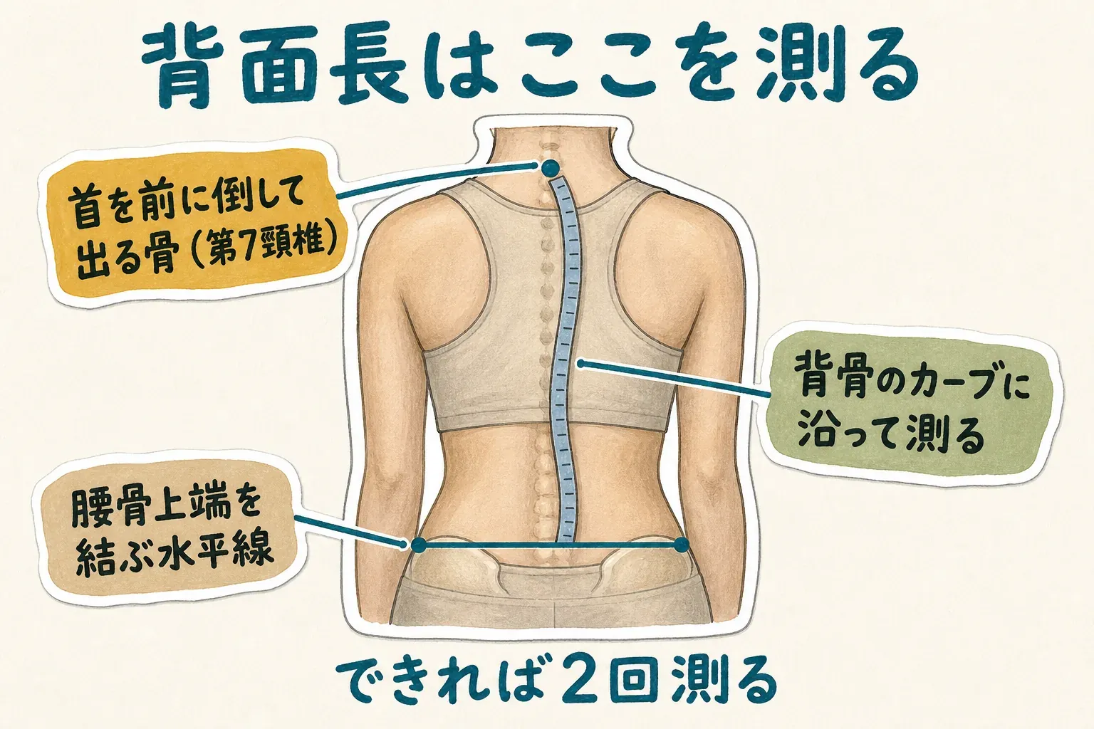 背面長の測定位置を示す図。首を前に倒したときに出る第7頸椎から、左右の腰骨上端を結ぶ水平線まで、巻き尺を背骨のカーブに沿わせて測り、できれば2回測る手順を示しています。