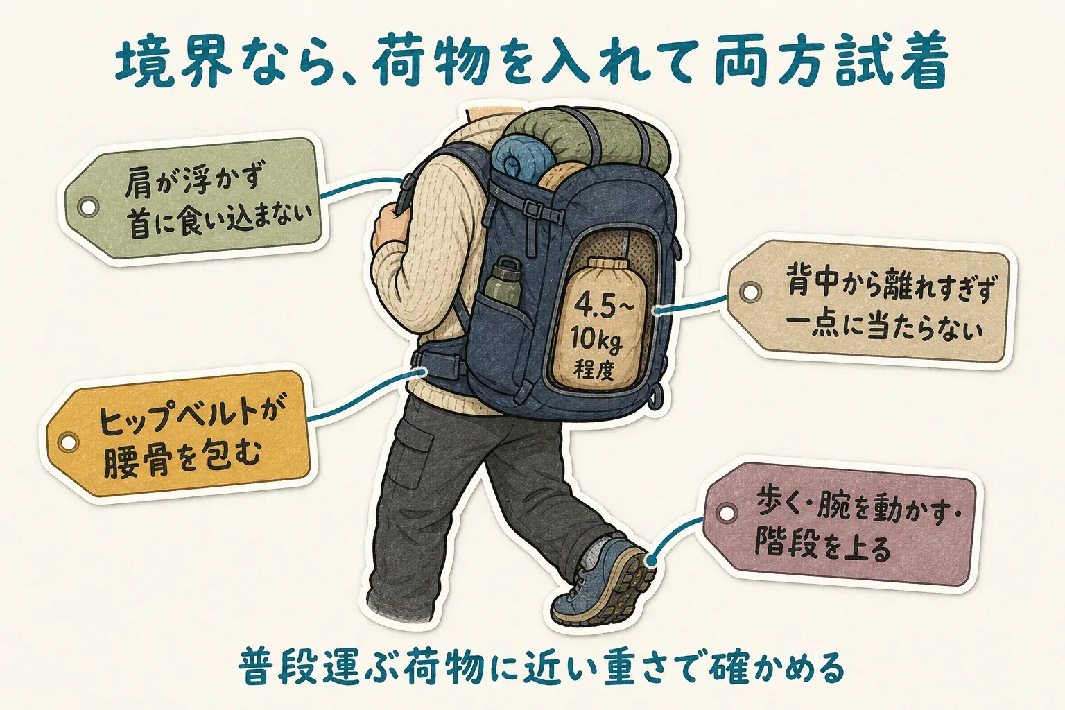 サイズ表の境界では、普段運ぶ荷物に近い4.5〜10kg程度を入れて両方を試着することを示す図。ヒップベルトが腰骨を包むこと、肩が浮かず首に食い込まないこと、背中から離れすぎず一点に当たらないこと、歩行・腕の動き・階段でずれや痛みがないことを確認します。