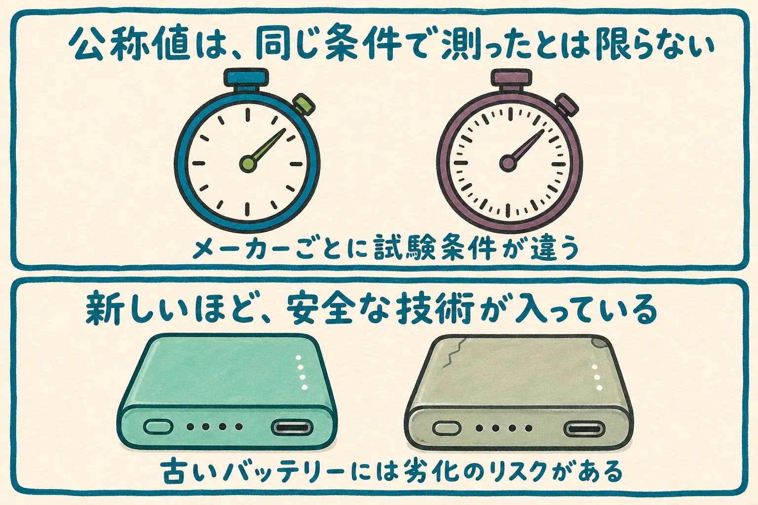 公称値は同じ条件で測ったとは限らない。メーカーごとに試験条件が違う。新しいほど安全な技術が入っている。古いバッテリーには劣化のリスクがある