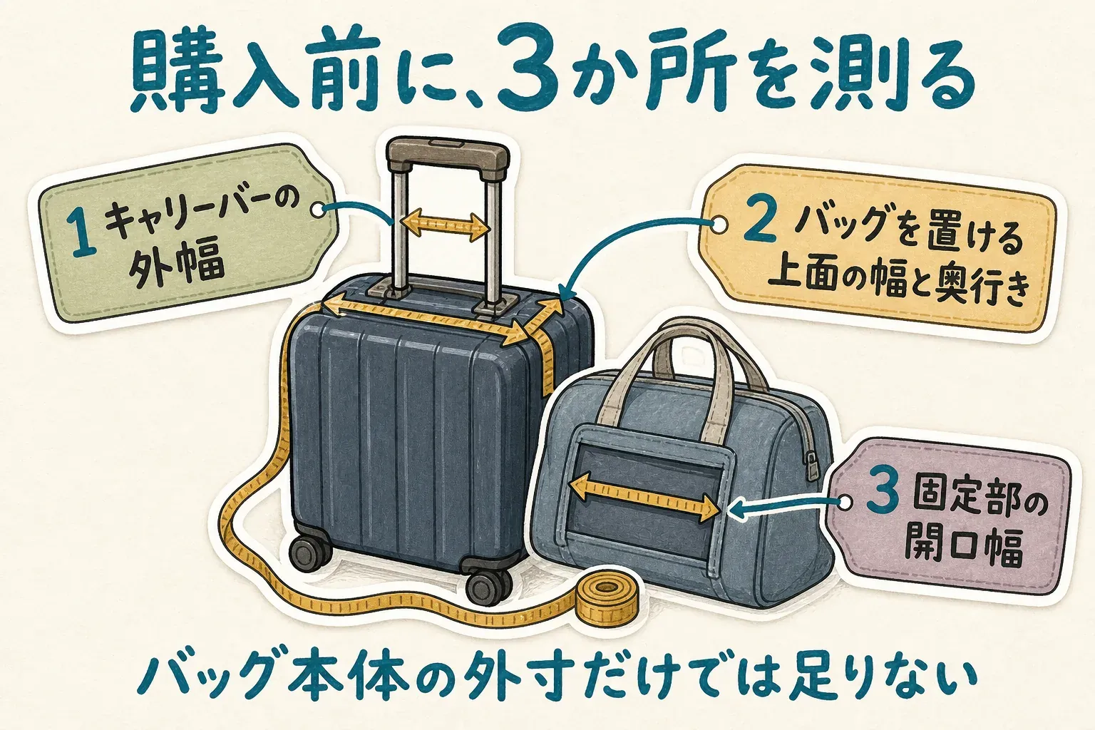 手持ちのスーツケースに合うか確認するために測る3か所を示す図。伸ばしたキャリーバーの外幅、バッグを置けるスーツケース上面の幅と奥行き、候補バッグの固定部の開口幅を測り、対応を照合する手順を示しています。