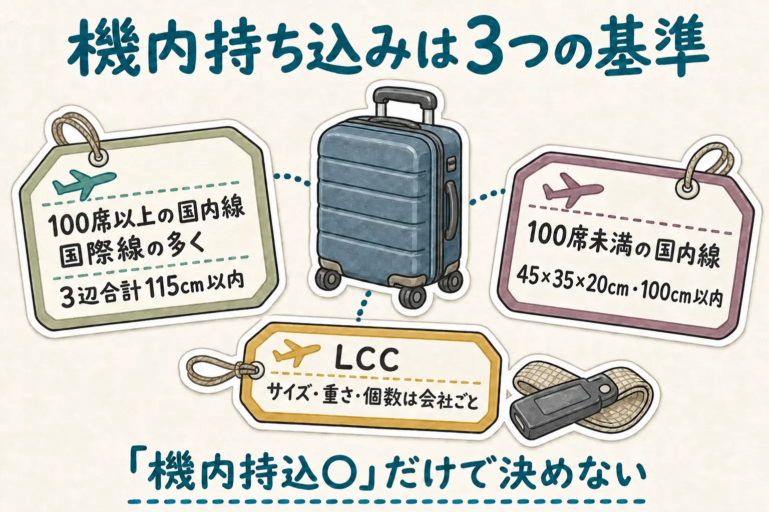 機内持ち込みには、100席以上の国内線・国際線の多くで3辺合計115cm以内、100席未満の国内線で45×35×20cm・3辺合計100cm以内、LCCで会社ごとにサイズ・重さ・個数の基準があることを示す図