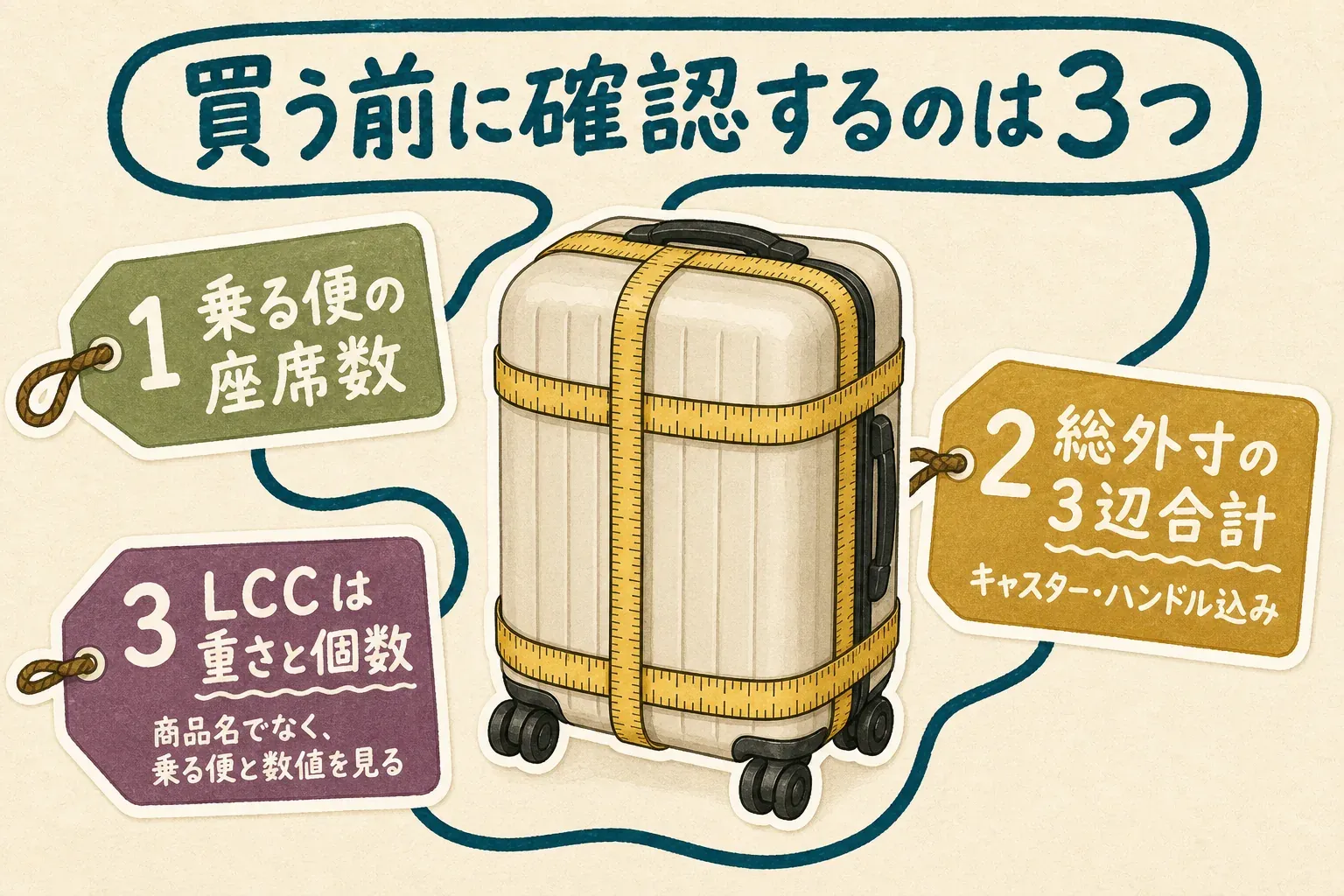 機内持ち込み用スーツケースを買う前に、乗る便の座席数、キャスターとハンドルを含む総外寸の3辺合計、LCC利用時の重さと個数を確認する3項目を示す図