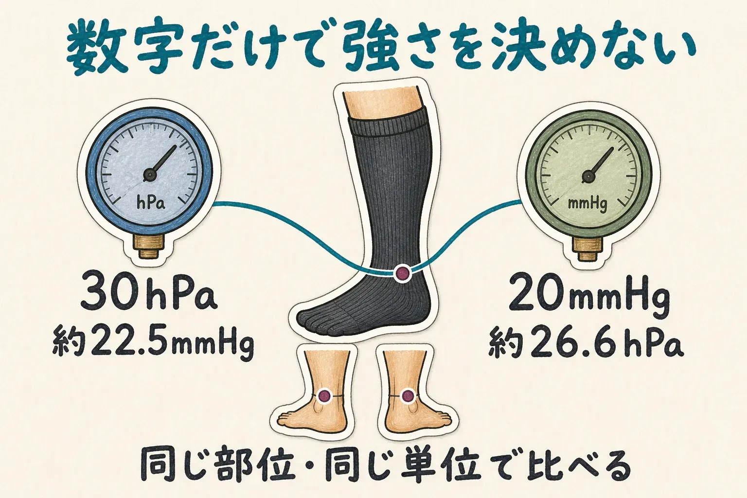 着圧ソックスの圧力を比べる際に、1mmHgは約1.33hPa、1hPaは約0.75mmHgとして単位をそろえ、足首やふくらはぎなど同じ測定部位の数値同士を比較する流れを示す図