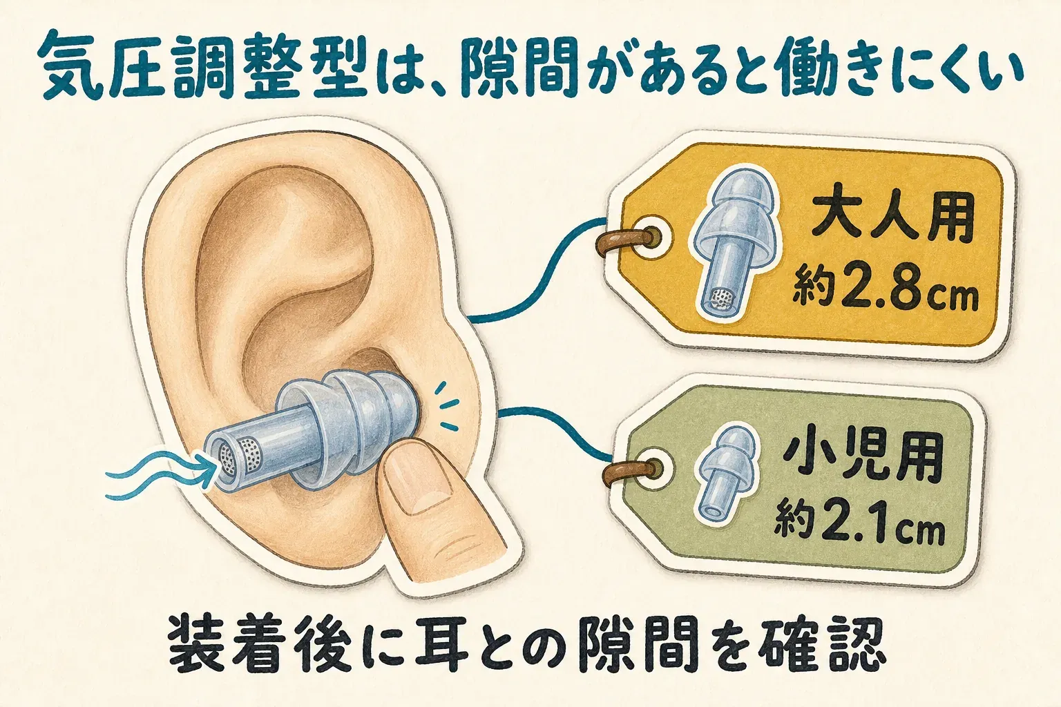 気圧調整型耳栓は耳の穴との間に隙間なく密着しているかを確認し、隙間があるとフィルターを通らず空気が抜けて気圧変化を分散できないことを示す図