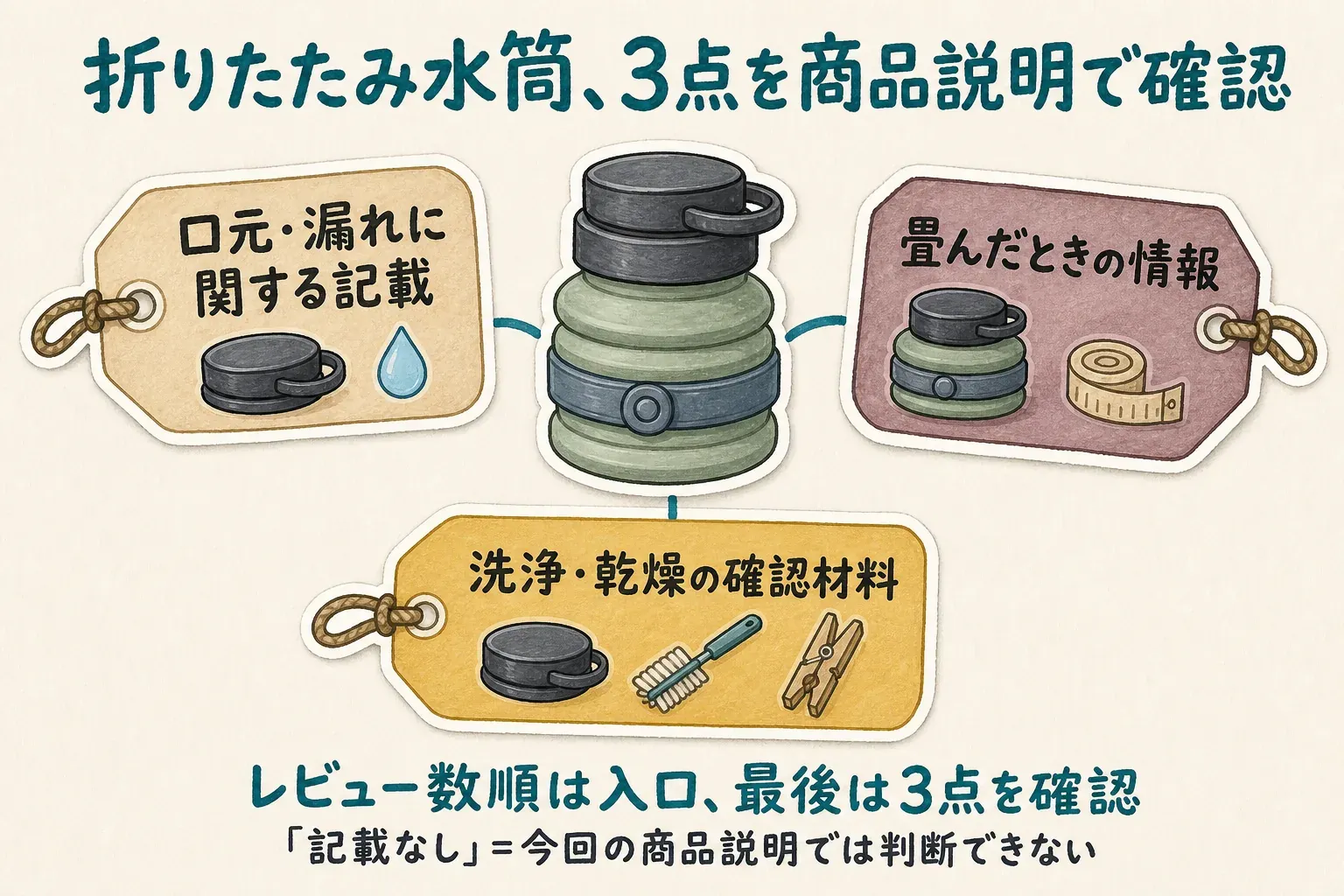 折りたたみ水筒を商品説明で選ぶ際に、口元・漏れに関する記載、畳んだときの情報、洗浄・乾燥の確認材料という3点を確認することを示す図。レビュー数順は候補を知る入口であることも示している。