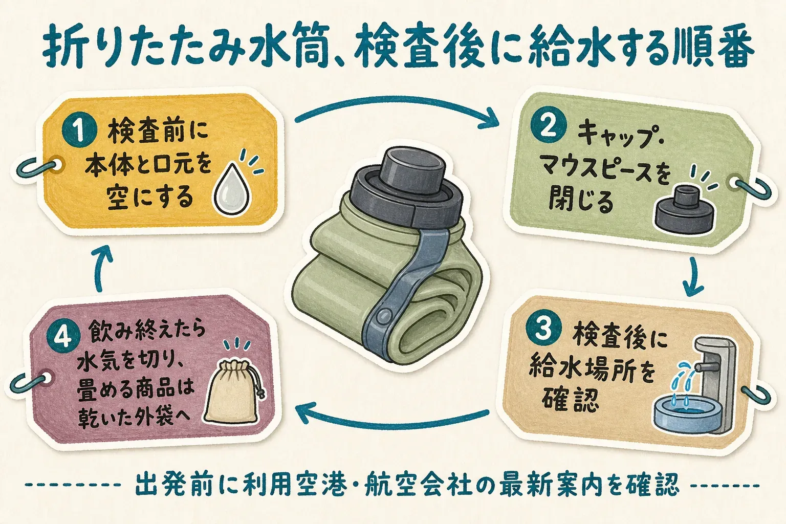 折りたたみ水筒を保安検査後に給水して使う順番として、検査前に本体と口元を空にする、キャップ・マウスピースを閉じる、検査後の給水場所を確認する、飲み終えたら水気を切って畳める商品は乾いた外袋へ戻すという4手順を示す図。出典：国土交通省、ANA