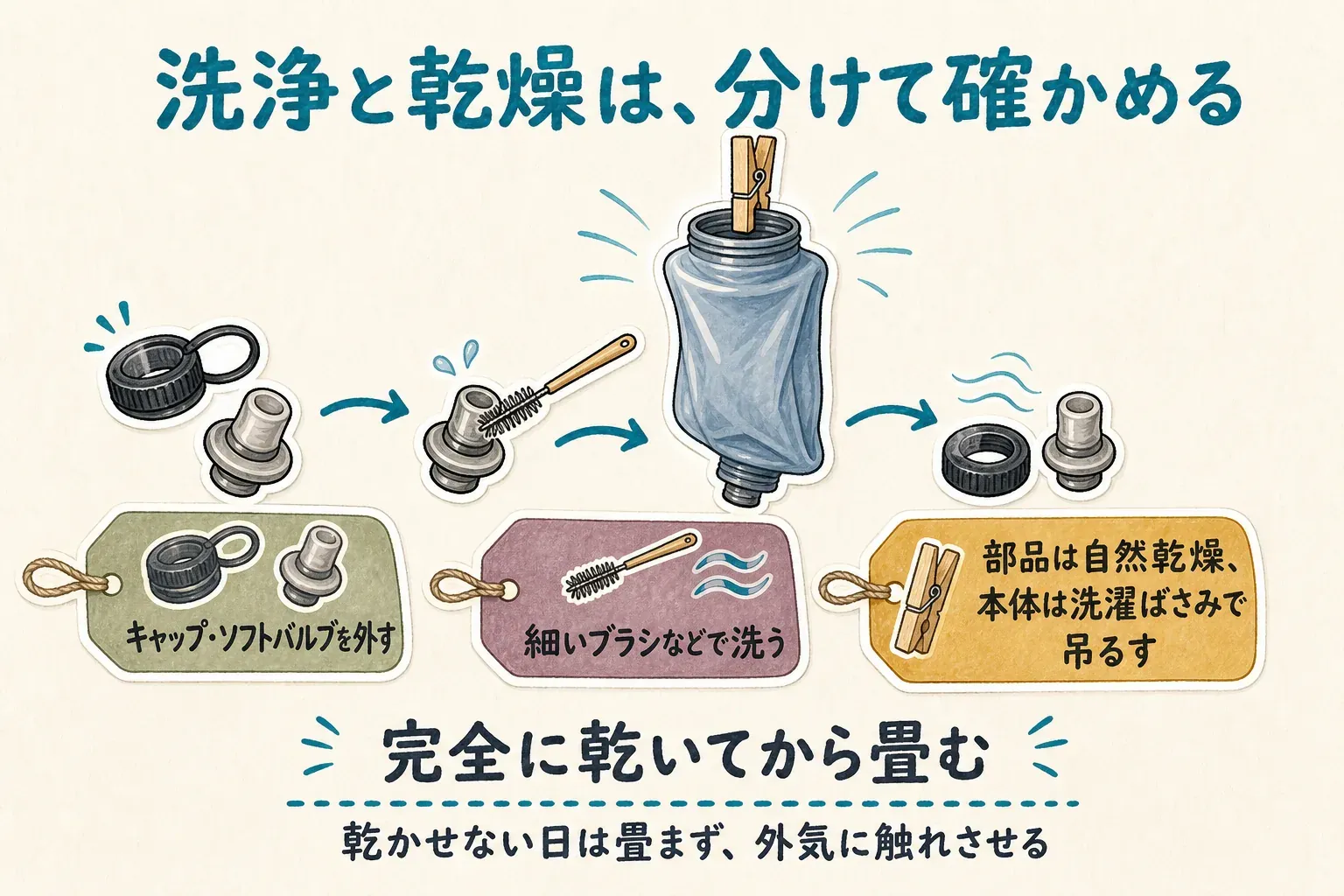 折りたたみ水筒の洗浄・乾燥では、キャップとソフトバルブを外し、細いブラシなどで洗い、部品は自然乾燥させ、本体は洗濯ばさみで吊るして完全に乾いてから畳む流れを示す図。乾かせない日は畳まず外気に触れさせることも示している。