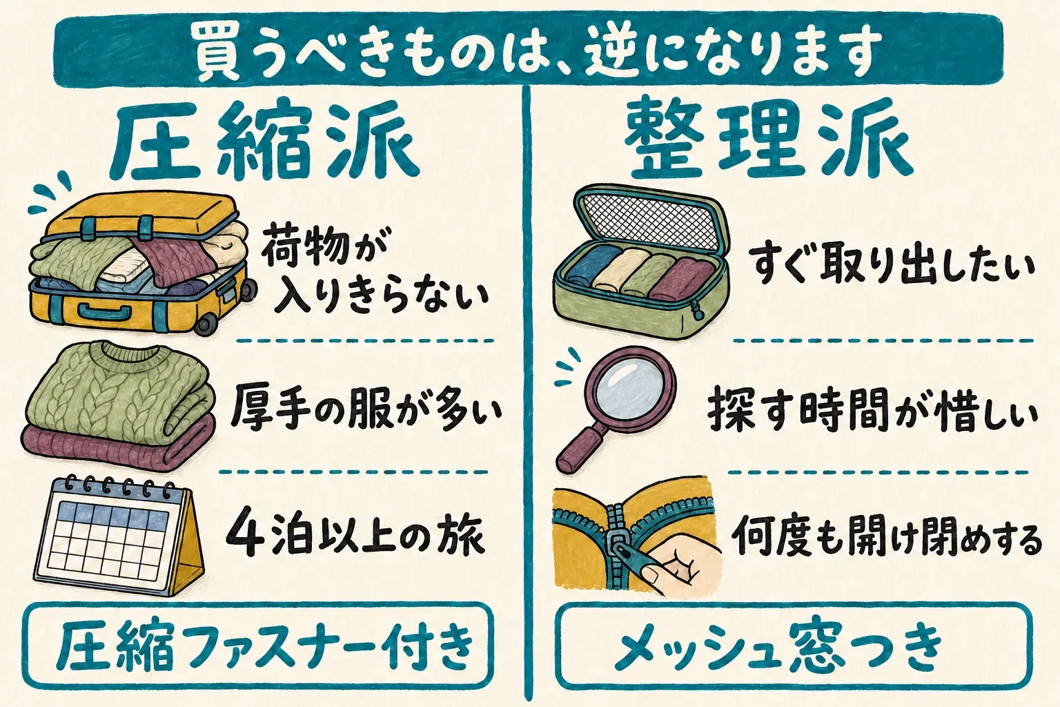 旅行用ポーチを圧縮重視と整理重視で選び分ける図。荷物が入りきらない、厚手の服が多い、4泊以上の旅では圧縮ファスナー付きの圧縮派、すぐ取り出したい、探す時間が惜しい、何度も開け閉めする場合はメッシュ窓付きの整理派を示しています。