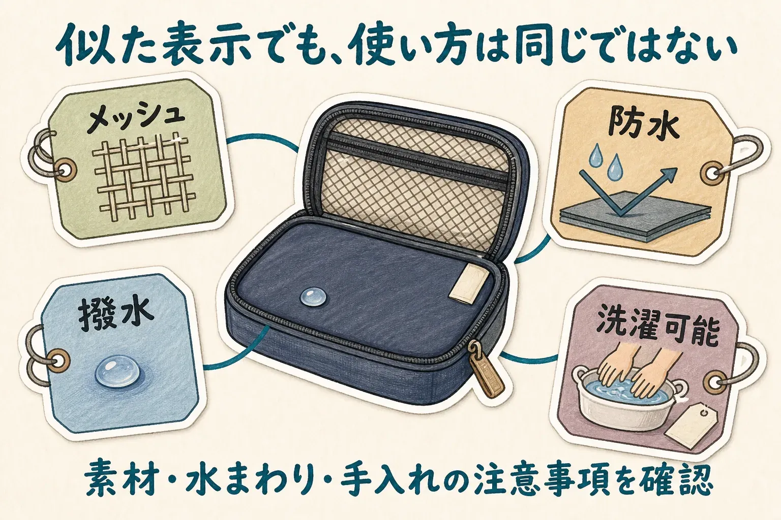 メッシュ、撥水、防水、洗濯可能という表示は似ていても使い方が同じではないことを示す図。メッシュは通気性、撥水は水をはじく加工、防水は水を通しにくい素材、洗濯可能は洗えることを表し、素材・水まわり・手入れの注意事項を確認するよう案内しています。