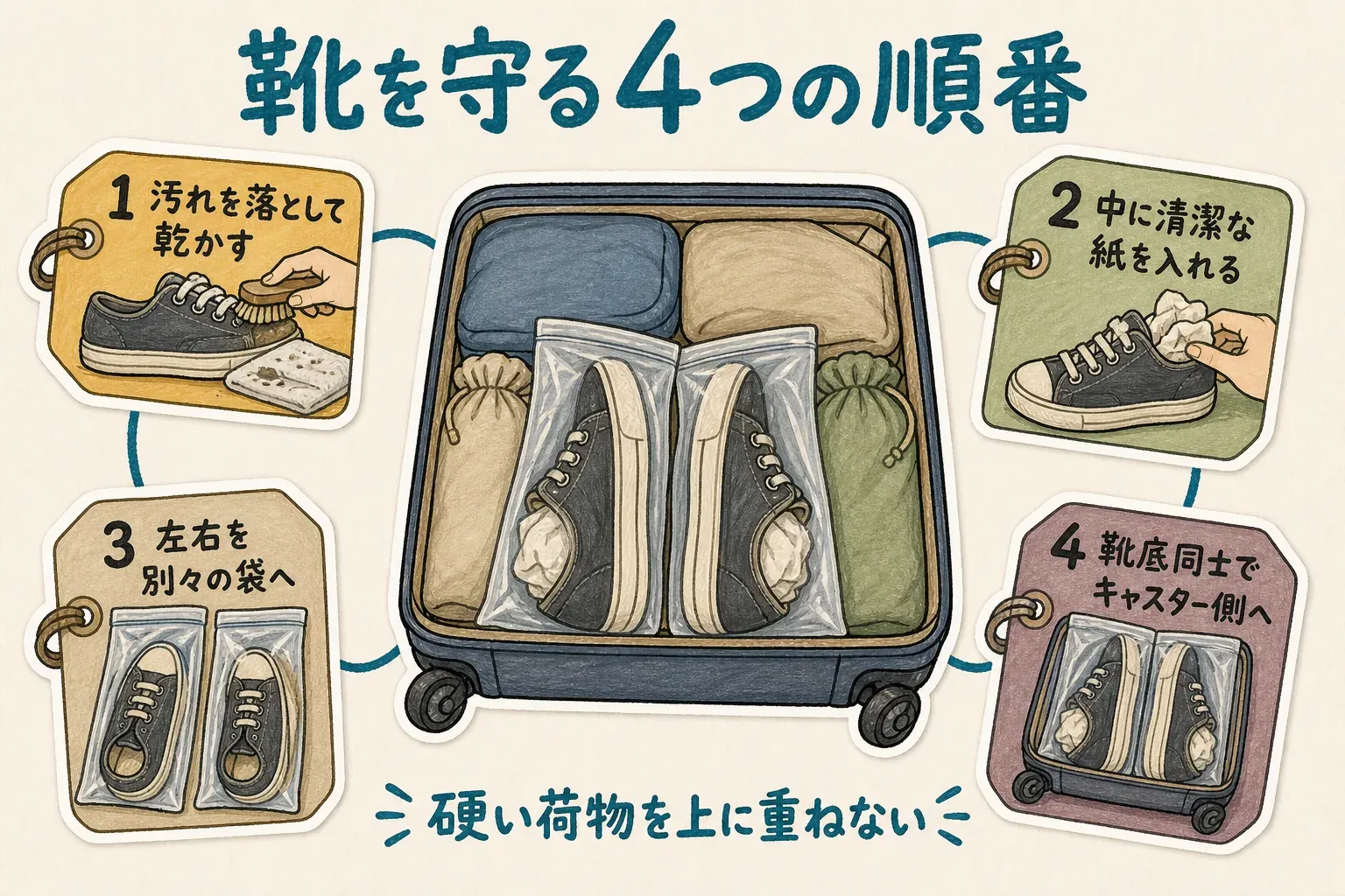 靴をスーツケースへ詰める4つの順番を示す図。汚れを落として乾かし、靴の中に清潔な紙を入れ、左右を別々の袋へ入れ、靴底同士を向かい合わせてキャスター側へ置く。硬い荷物を上に重ねないことも示しています。