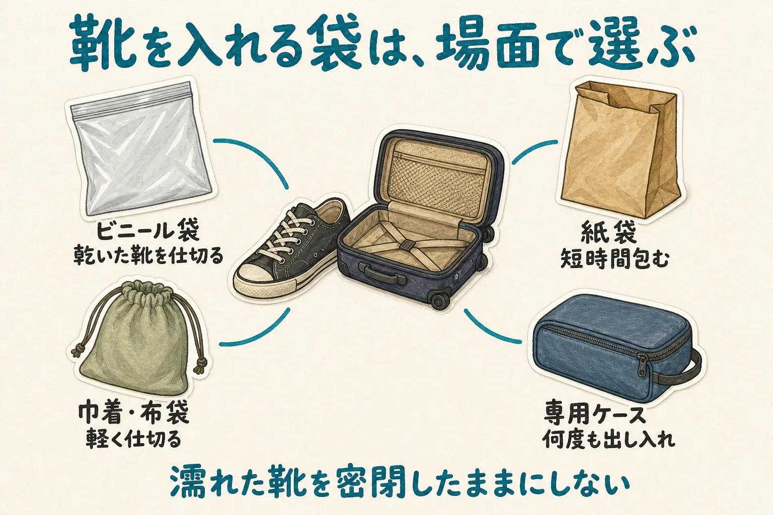 靴を入れる袋の選び方を場面別に示す図。ビニール袋は乾いた靴を仕切るとき、紙袋は短時間包むとき、巾着・布袋は軽く仕切るとき、専用ケースは何度も出し入れするときに向き、濡れた靴は密閉したままにしないことを示しています。