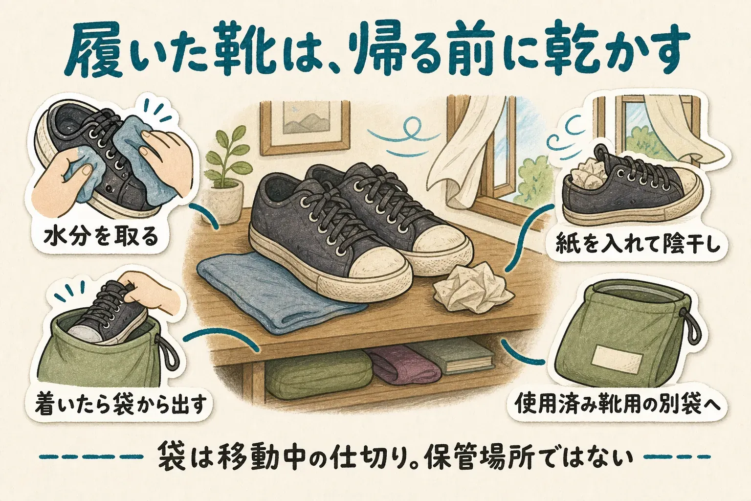 履いた靴を帰りに扱う手順を示す図。表面の水分を取り、紙を入れて風通しのよい場所で陰干しし、使用済み靴用の別袋へ入れ、到着したら袋から出す流れと、袋は移動中の仕切りで保管場所ではないことを示しています。