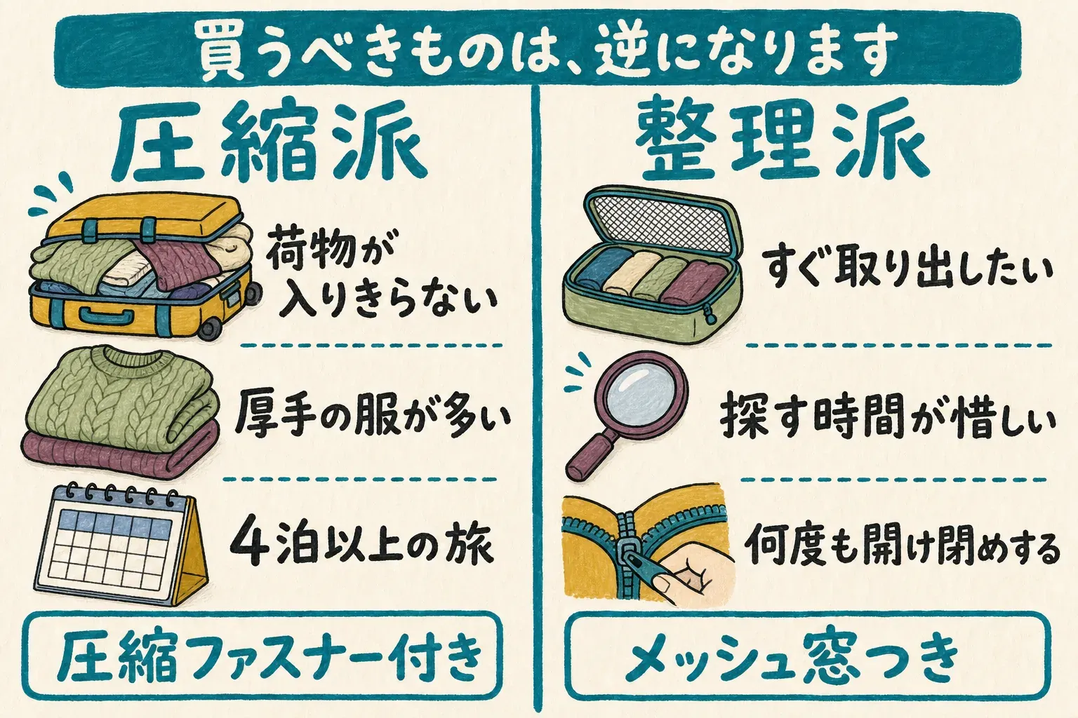 圧縮派と整理派で買うべき製品が逆になることを示した図。圧縮派は荷物が入りきらない・厚手の服が多い・4泊以上の旅なら圧縮ファスナー付き、整理派はすぐ取り出したい・探す時間が惜しい・何度も開け閉めするならメッシュ窓つき