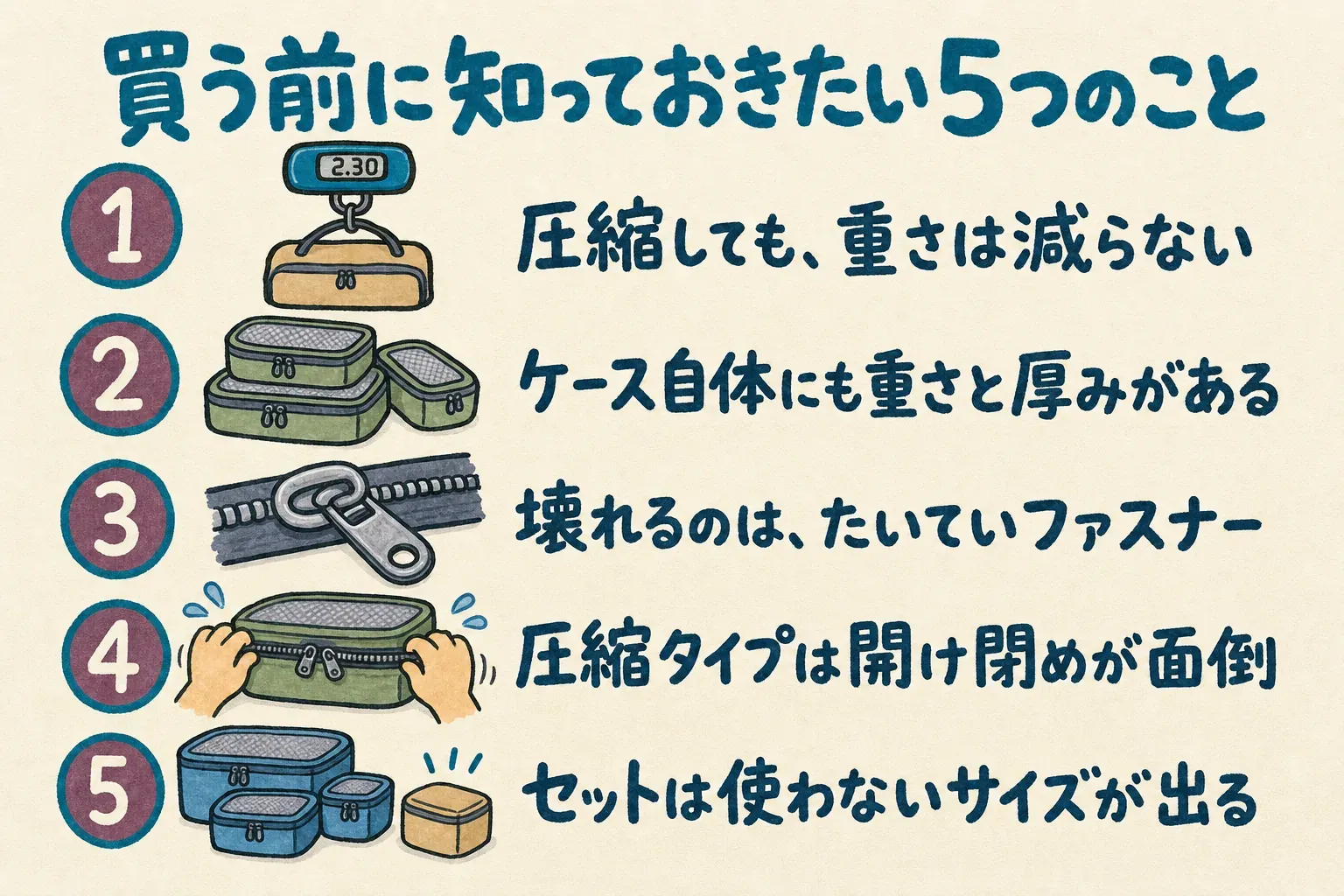 買う前に知っておきたい5つのこと。圧縮しても重さは減らない、ケース自体にも重さと厚みがある、壊れるのはたいていファスナー、圧縮タイプは開け閉めが面倒、セットは使わないサイズが出る