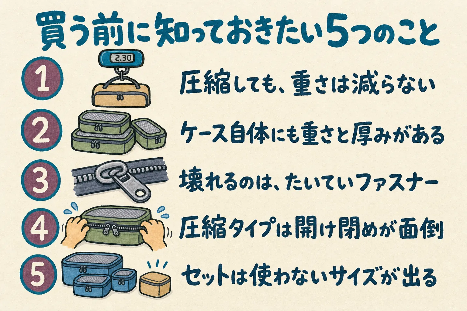 買う前に知っておきたい5つのこと。圧縮しても重さは減らない、ケース自体にも重さと厚みがある、壊れるのはたいていファスナー、圧縮タイプは開け閉めが面倒、セットは使わないサイズが出る