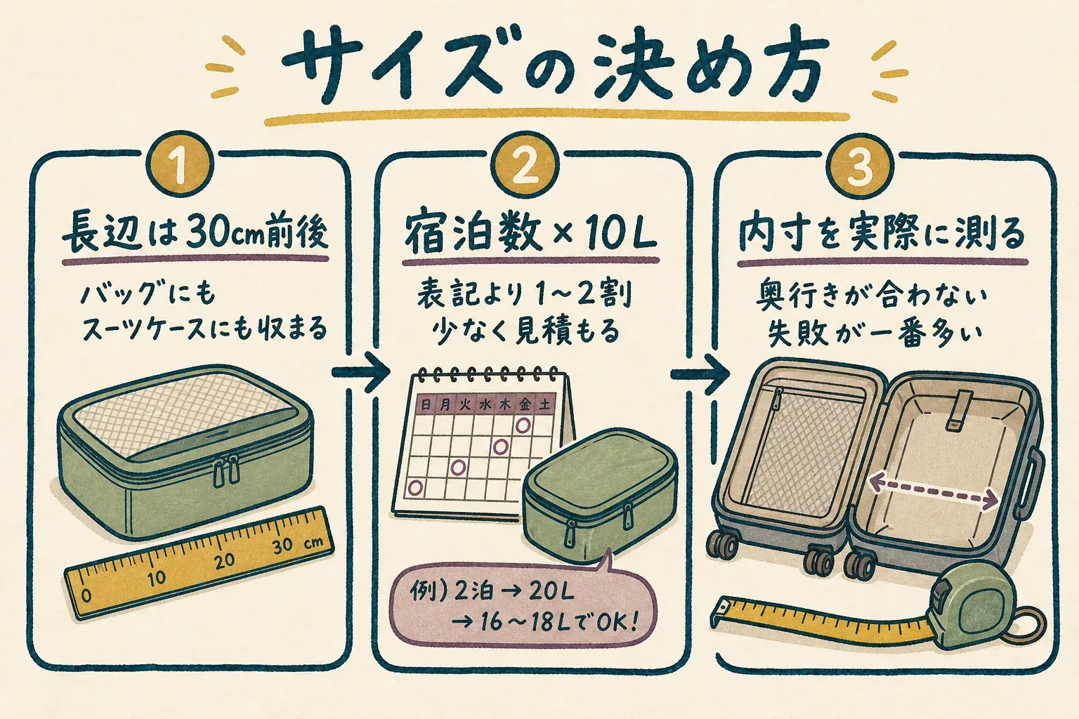 サイズの決め方3ステップ。1 長辺は30cm前後、2 宿泊数×10Lで表記より1〜2割少なく見積もる、3 スーツケースの内寸を実際に測る