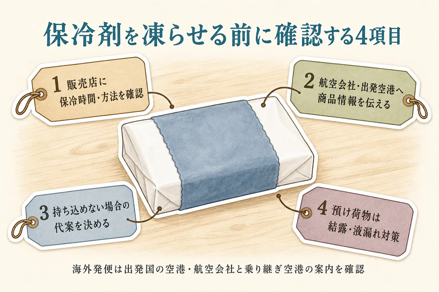 保冷剤を凍らせる前の確認事項として、販売店に保冷時間・方法を確認する、航空会社・出発空港に商品情報を伝える、持ち込めない場合の代案を決める、預け荷物では結露・液漏れ対策をするという4項目を示す図。海外発便は出発国の空港・航空会社と乗り継ぎ空港の案内も確認する。