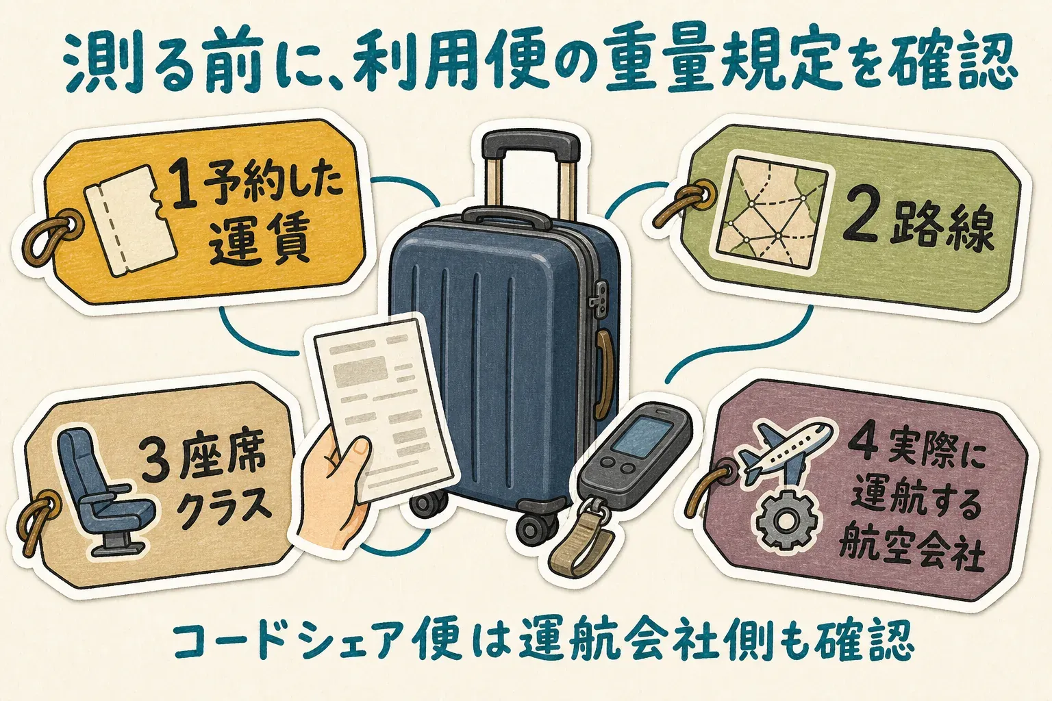 ラゲッジスケールで測る前に、予約した運賃、路線、座席クラス、実際に運航する航空会社を確認し、コードシェア便では運航会社側の規定も確認することを示す図