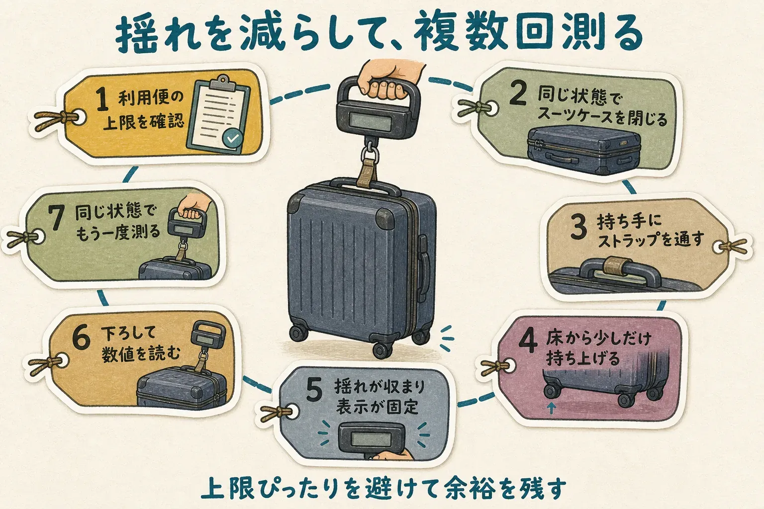 ラゲッジスケールで測る手順として、利用便の上限確認、スーツケースを同じ状態で閉じる、持ち手にストラップを通す、床から少しだけ持ち上げる、揺れが収まり表示が固定されたら下ろして数値を読み、同じ状態でもう一度測り、上限ぴったりを避けて余裕を残す流れを示す図
