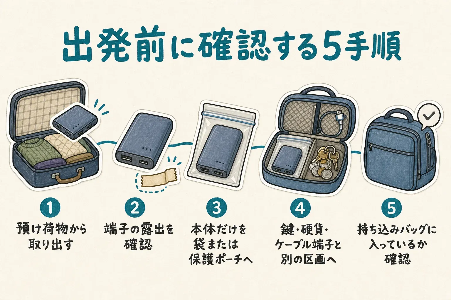 出発前にモバイルバッテリーを預け荷物から取り出し、端子の露出を確認して必要に応じてテープで覆い、本体だけを袋または保護ポーチへ入れ、鍵・硬貨・ケーブル端子と別の区画にして、持ち込みバッグに入っていることを確認する5手順を示す図