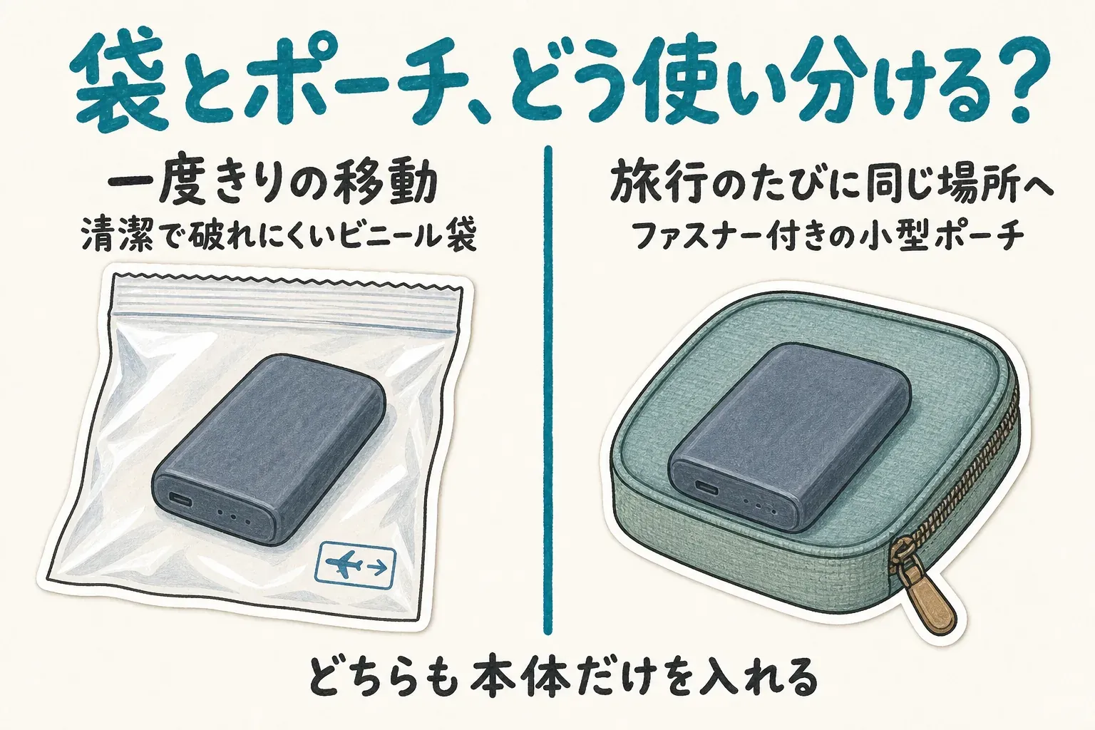 モバイルバッテリーの保護方法として、一度きりの移動には清潔で破れにくいビニール袋、旅行のたびに同じ場所へ入れるにはファスナー付きの小型ポーチを使い、どちらも本体だけを入れることを示す図