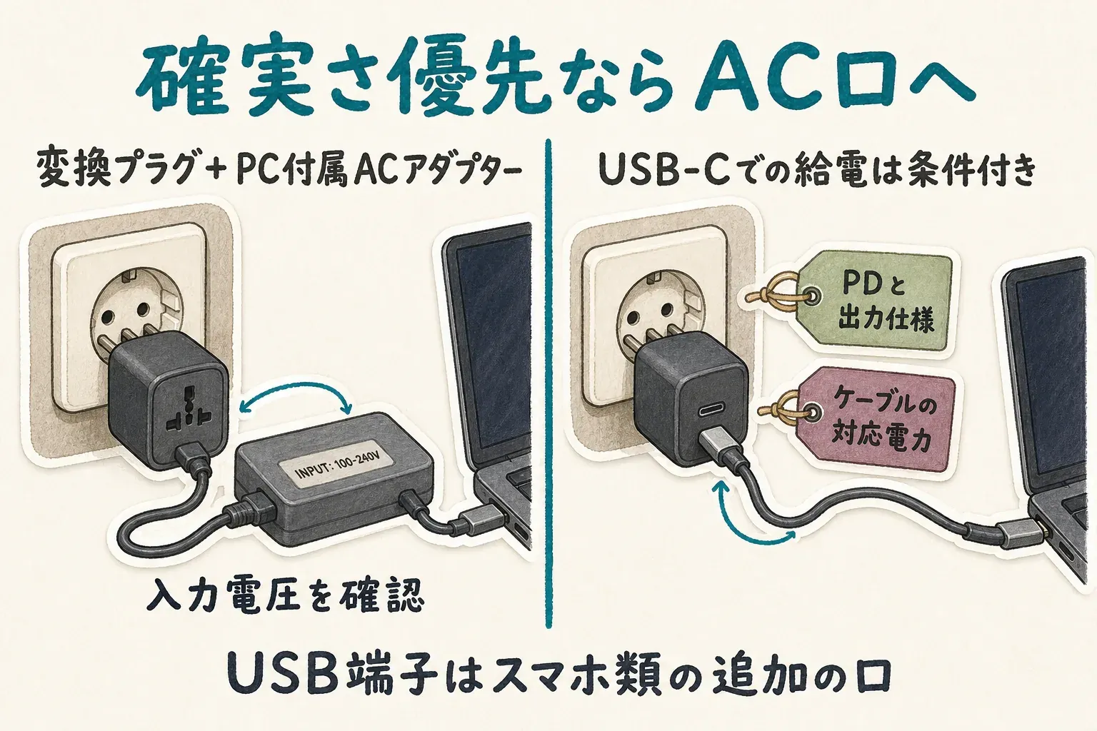 海外旅行でノートPCを充電する方法として、確実さを優先する場合は変換プラグのAC口にPC付属のACアダプターとケーブルをつなぎ、荷物を減らしてUSB-Cで充電する場合はPCの対応、PD、必要出力、ケーブルを確認することを示す図