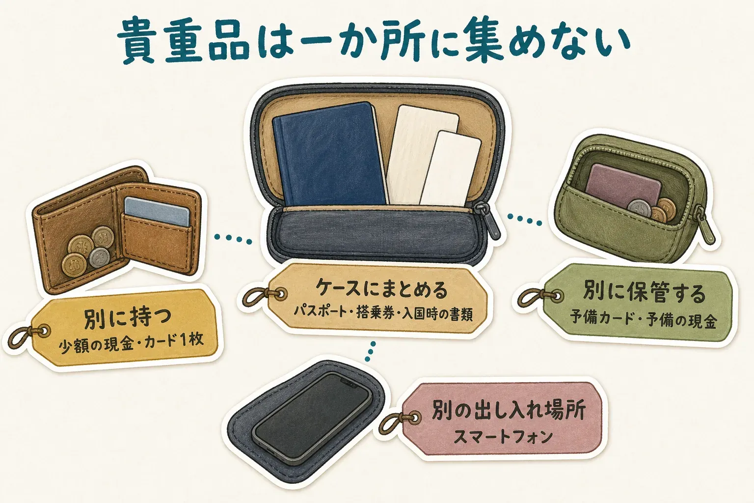 貴重品を一か所に集めない分け方を示す図。パスポート・搭乗券・入国時の書類はケースにまとめ、少額の現金とカード1枚は別に持ち、予備カードと予備の現金は別に保管し、スマートフォンも別の出し入れ場所にします。
