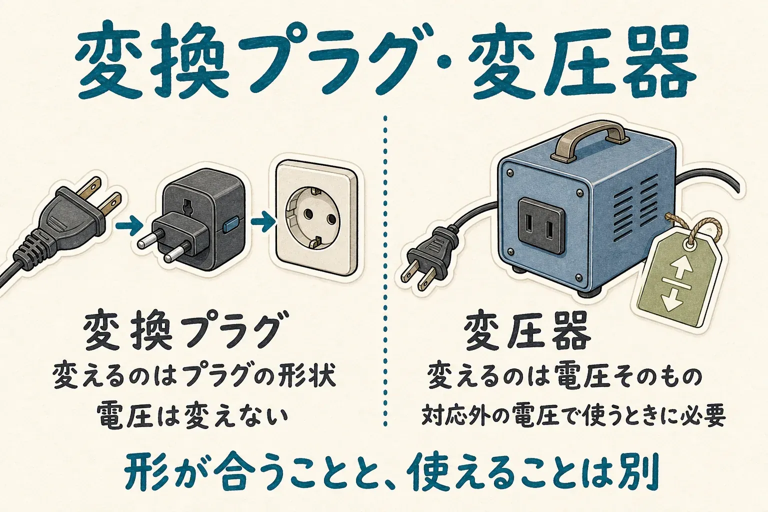 変換プラグと変圧器の違いを示す図。変換プラグはプラグの形状だけを変えて電圧は変えず、変圧器は対応外の電圧で家電を使うために電圧そのものを変える。形が合うことと使えることは別