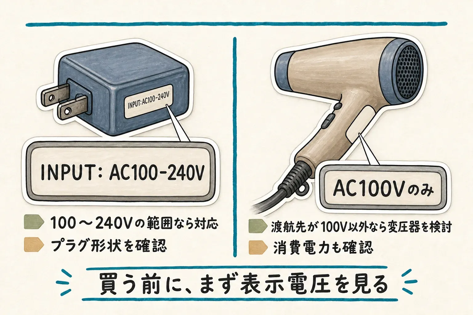 家電の入力電圧表示の見方を示す図。INPUT: AC100-240Vと範囲表記された充電器は100〜240Vに対応し、プラグ形状を確認する。AC100Vのみのドライヤーは渡航先が100V以外なら変圧器を検討し、消費電力も確認する