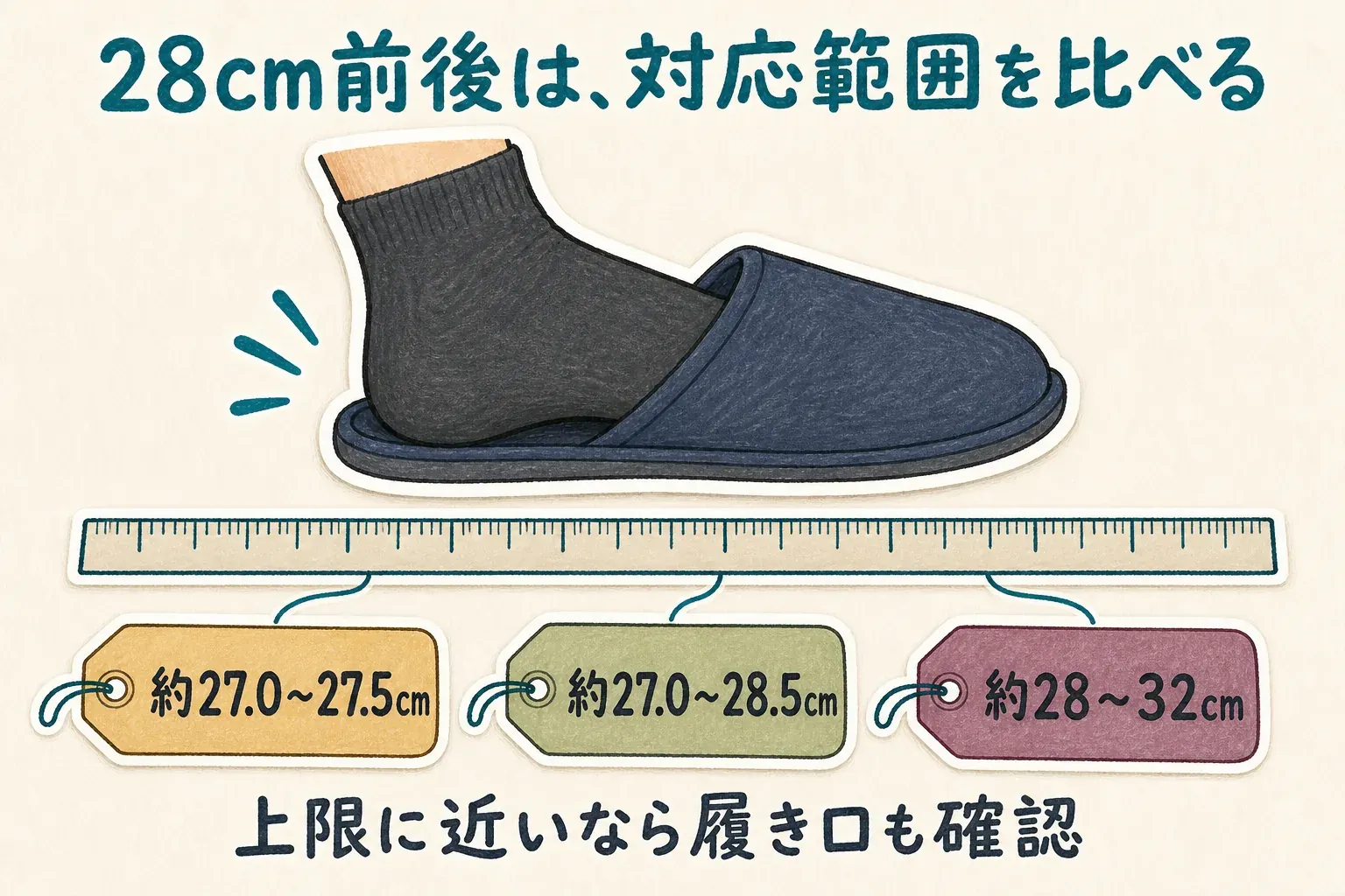 28cm前後の人向けに、携帯スリッパの対応足長を27.5cmまで、28.5cmまで、28〜32cmまでの3範囲で比較し、普段の足長が上限に近い場合は靴下を履いた状態で履き口と甲の余裕を確認することを示す図。出典：楽天の商品データ