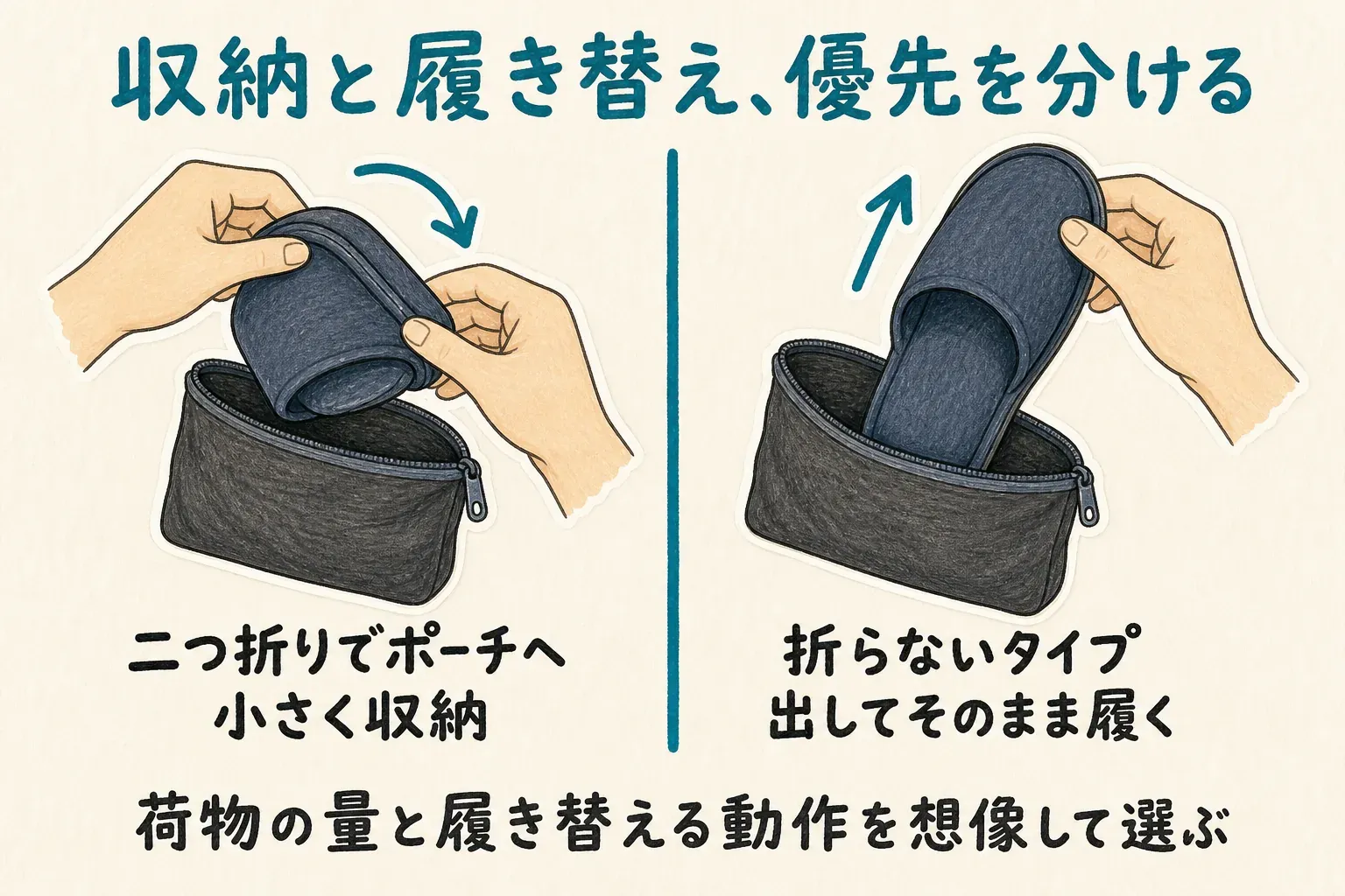 機内での携帯スリッパの収納方法を比較し、折りたたみ式はポーチに小さく収納しやすい一方で履く前に広げる動作が必要で、折らない収納タイプは少しかさばっても取り出してそのまま履きやすいことを示す図。