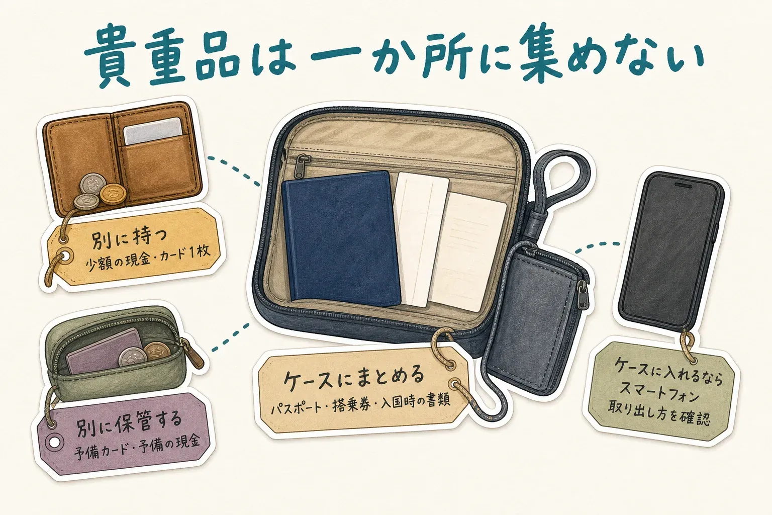 貴重品を一か所に集めない持ち方を示す図。パスポート・搭乗券・入国時の書類はケースにまとめ、日中に使う少額の現金とカード1枚、予備カードと予備の現金は別に持ち、スマートフォンをケースに入れる場合は取り出し方を確認する。