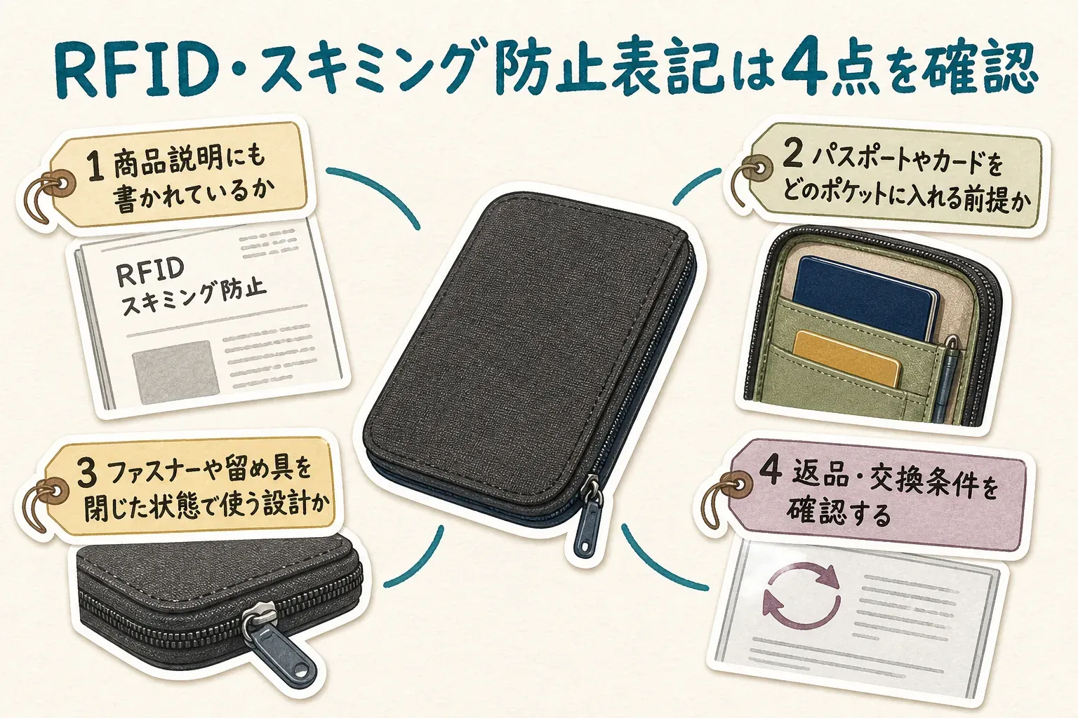 RFID・スキミング防止表記を確認するときの4点を示す図。商品説明にも記載があるか、パスポートやカードをどのポケットに入れる前提か、ファスナーや留め具を閉じた状態で使う設計か、返品・交換条件を確認する。