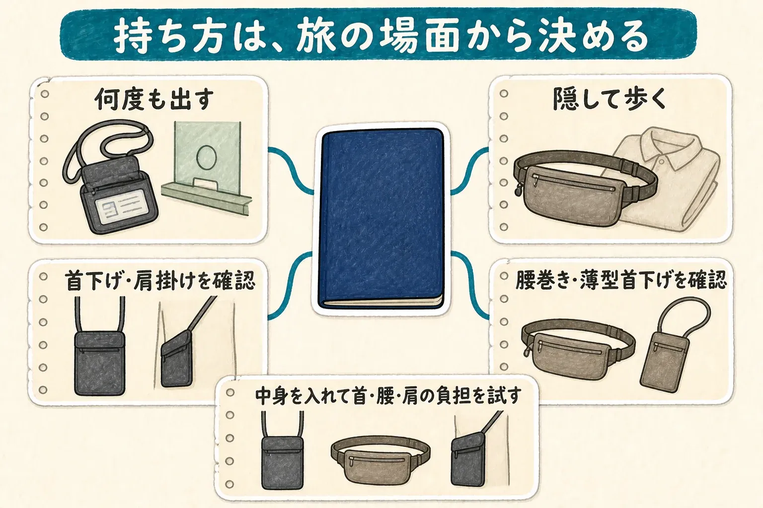 セキュリティポーチの持ち方を旅の場面から決める図。空港や入国審査で何度も出す場合は首下げ・肩掛け、隠して歩く場合は腰巻き・薄型首下げを確認し、パスポートやカードを入れた状態で首・腰・肩の負担を試すことを示す。