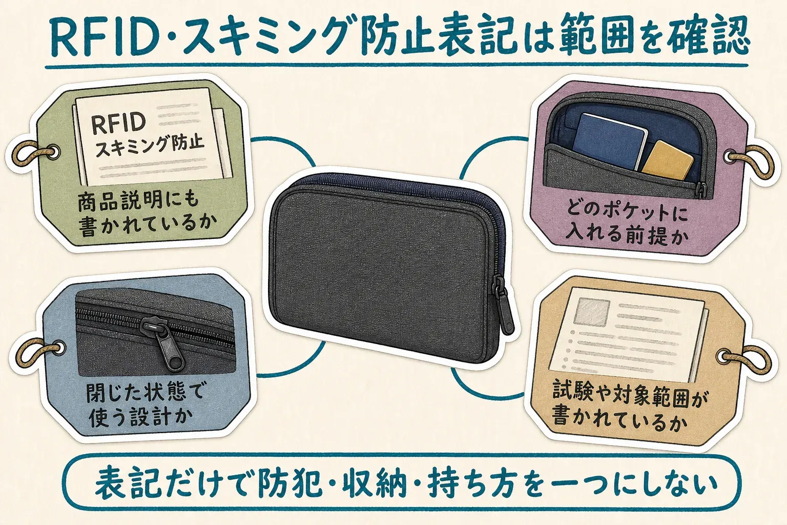 RFID・スキミング防止表記を確認する4項目の図。商品説明にも表記があるか、パスポートやカードをどのポケットに入れる前提か、ファスナーを閉じた状態で使う設計か、試験や対象範囲が書かれているかを示す。