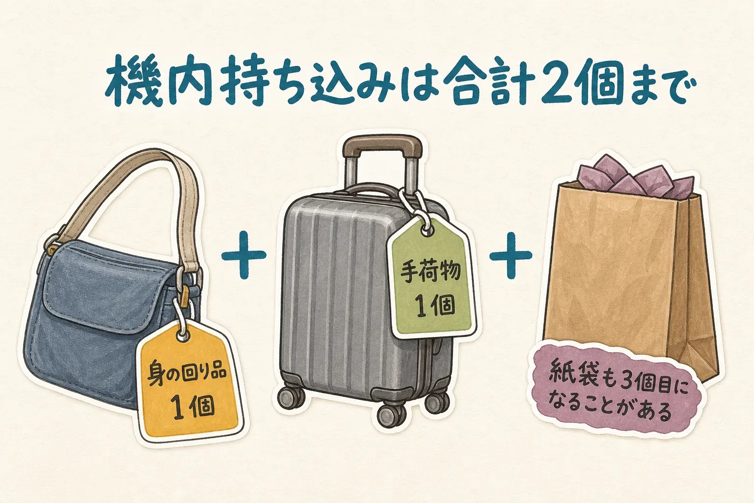 機内持ち込みは合計2個までであることを示す図。身の回り品1個のショルダーバッグと手荷物1個のキャリーケースに、紙袋を足すと3個目になる可能性がある