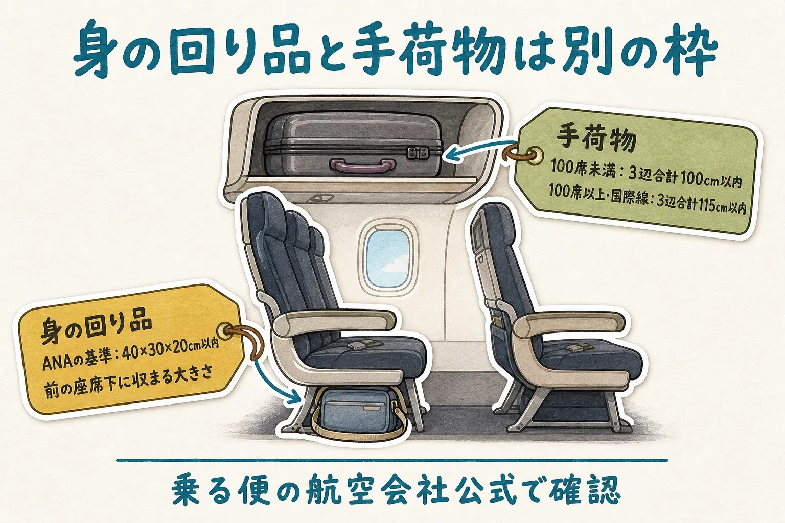 身の回り品と手荷物は別の枠であることを示す機内の図。前の座席下の身の回り品はANAの基準で40×30×20cm以内、頭上収納棚の手荷物は100席未満で3辺合計100cm以内、100席以上・国際線で3辺合計115cm以内