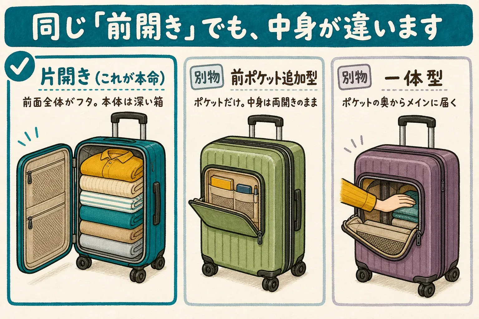 同じ「前開き」でも中身が違うことを示す図。片開きは前面全体がフタで本体が深い箱、前ポケット追加型はポケットだけで中身は両開きのまま、一体型はポケットの奥からメインに届く